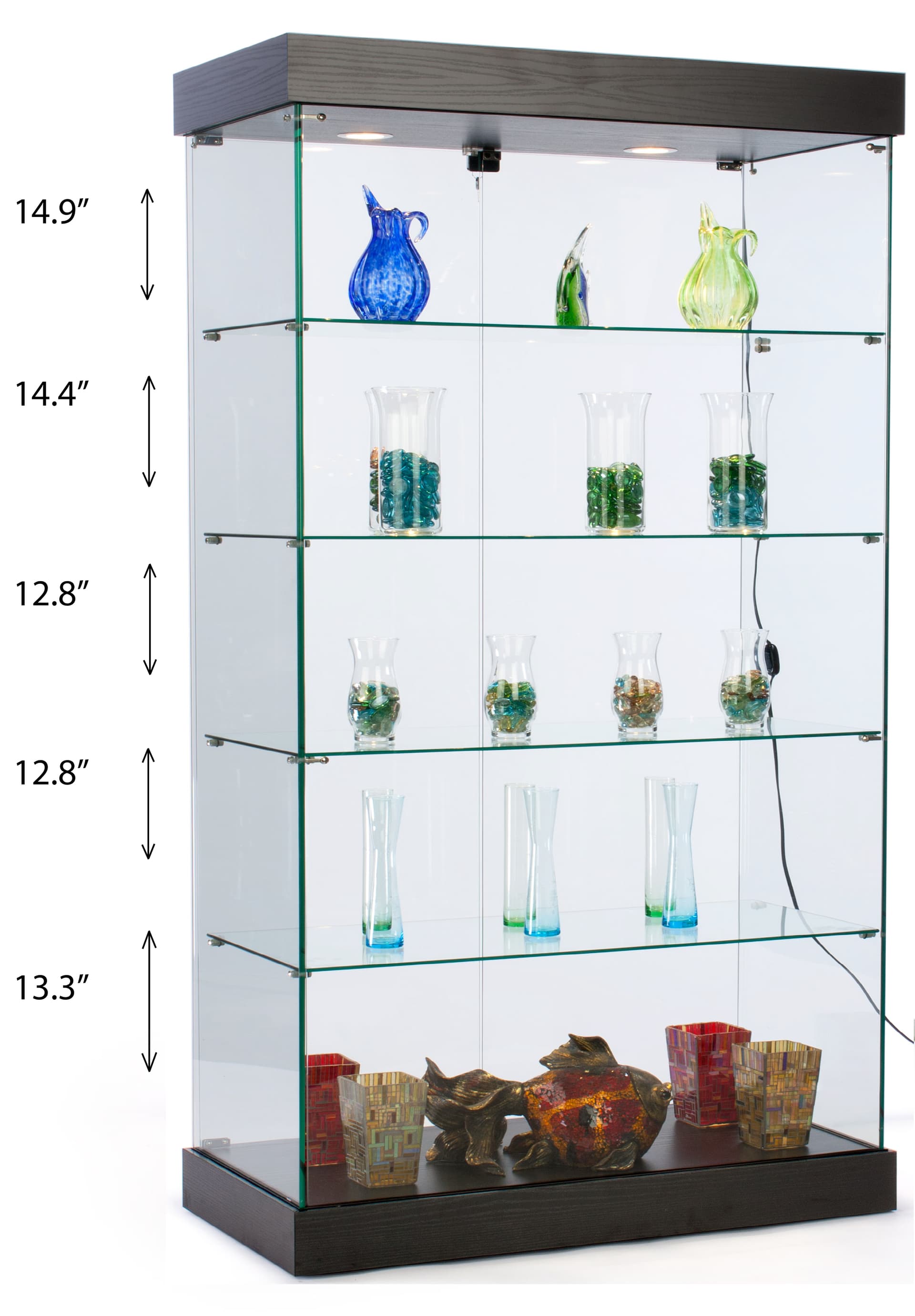 Frameless retail cabinet with 4 glass shelves