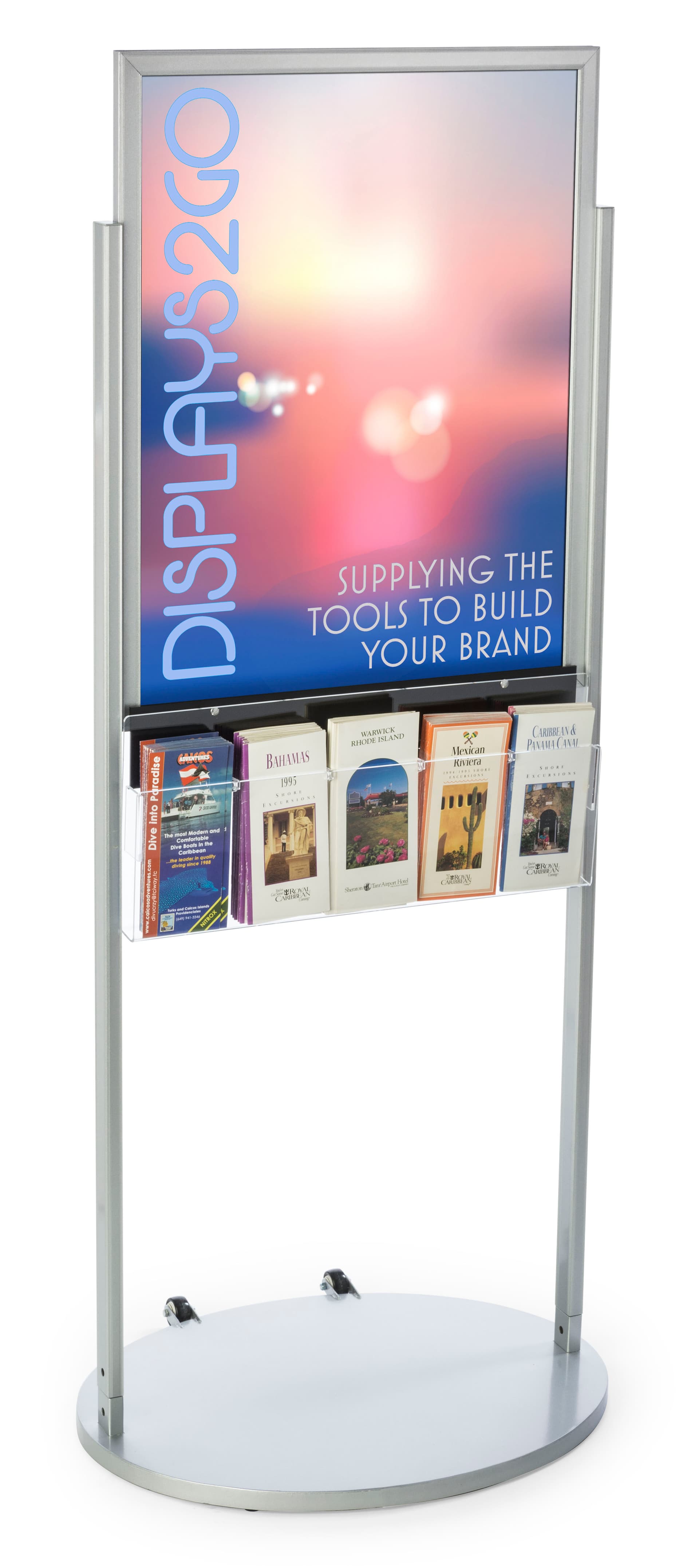 Silver 22 x 28 Movable Poster Stand with 5 Literature Compartments for Brochures