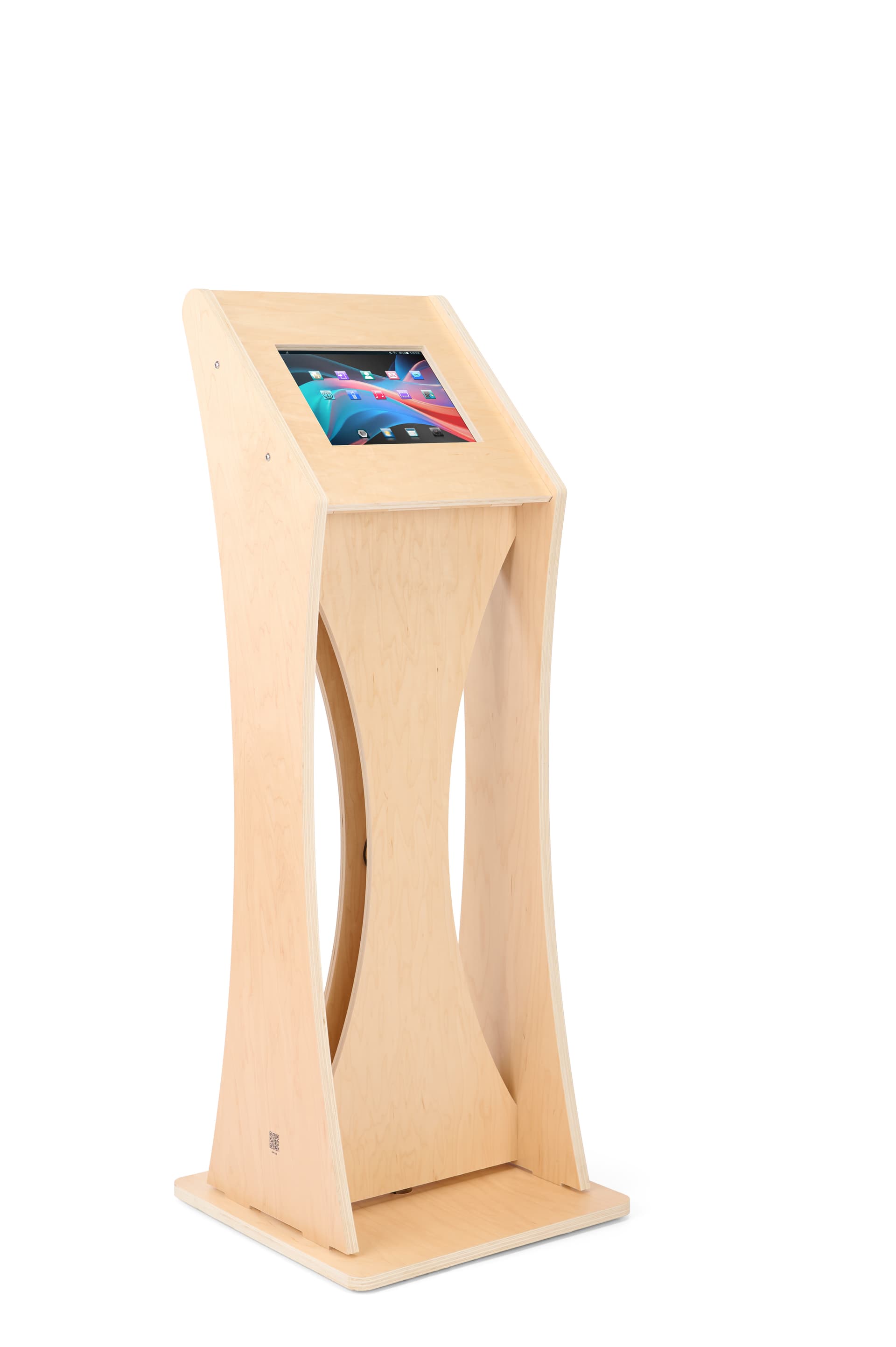 Wooden iPad floor stand in durable natural wood laminate finish