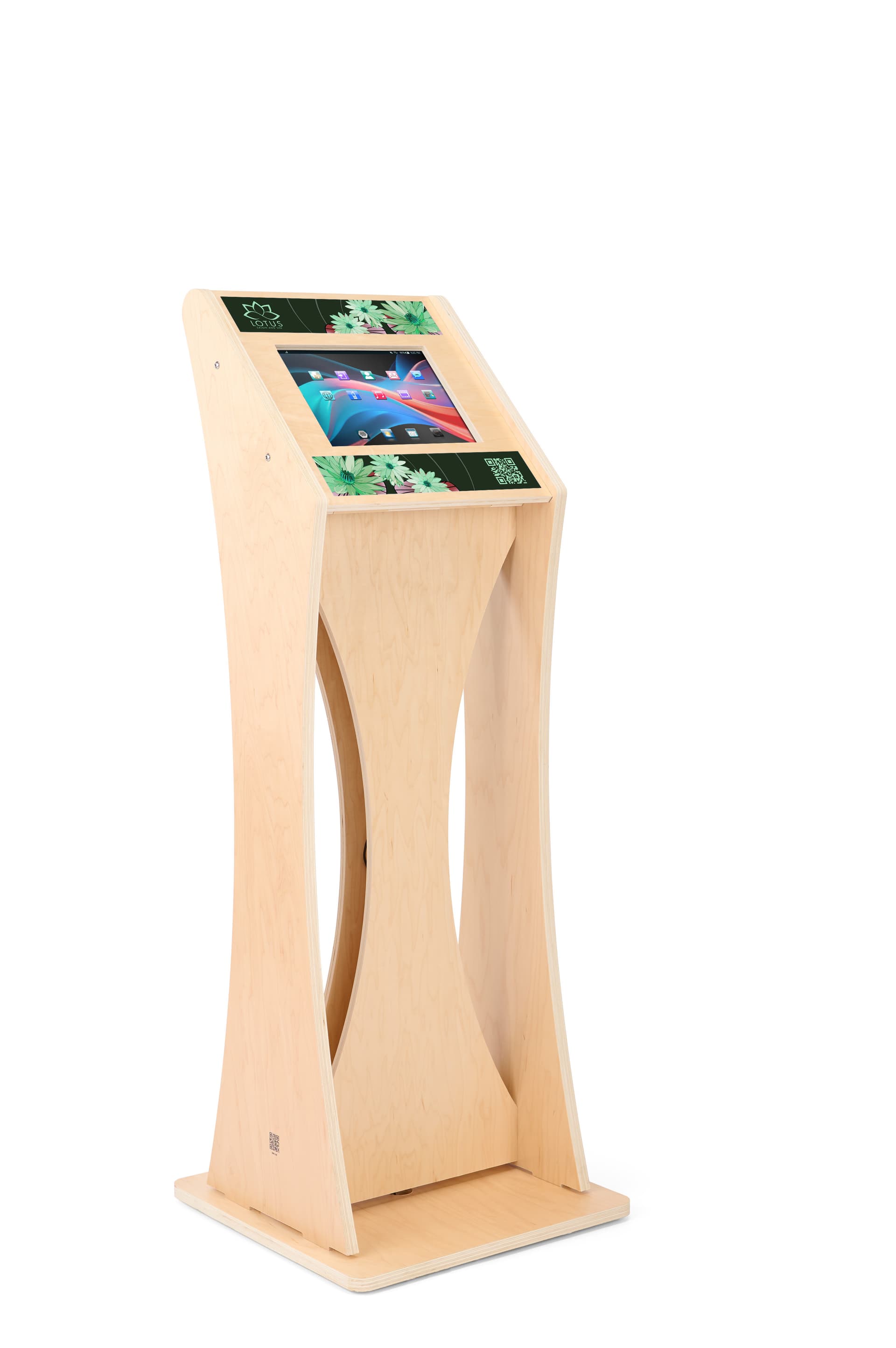 Wooden iPad kiosk with graphics with modern design