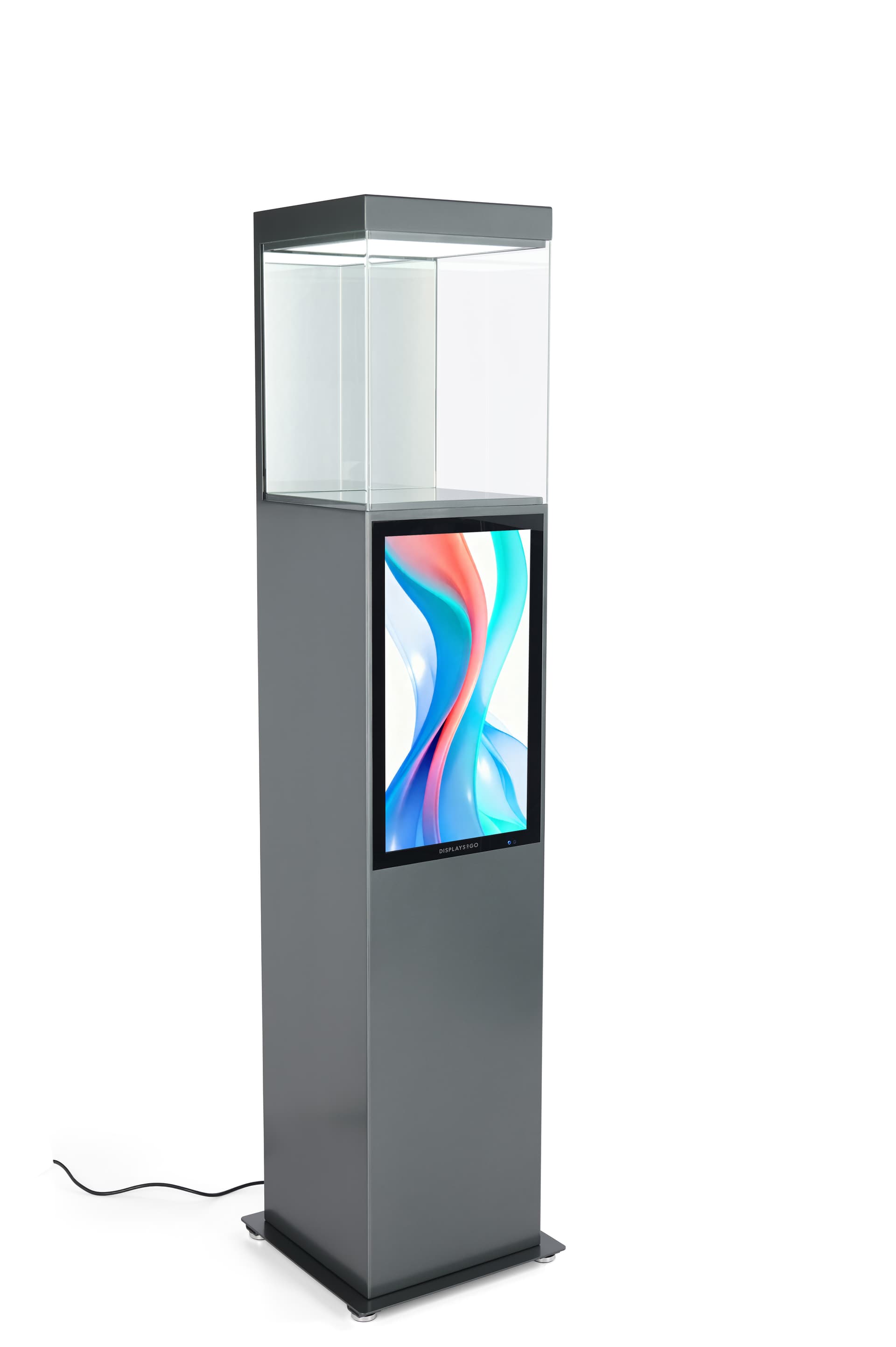Exhibit pedestal case with video screen is ideal for showcasing sale items 