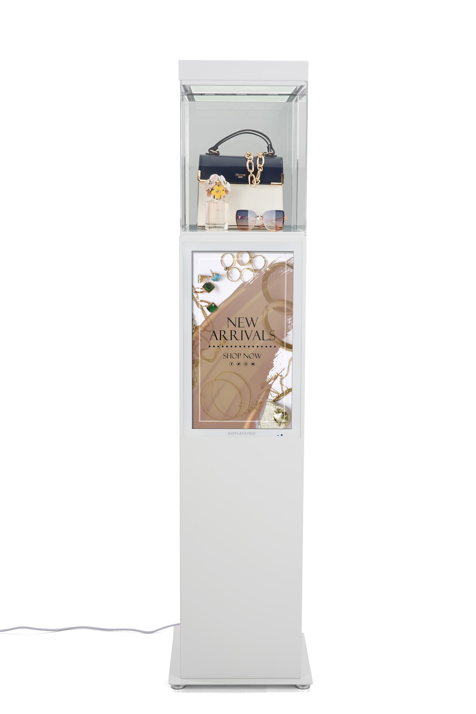Exhibit pedestal case with video screen and small footprint