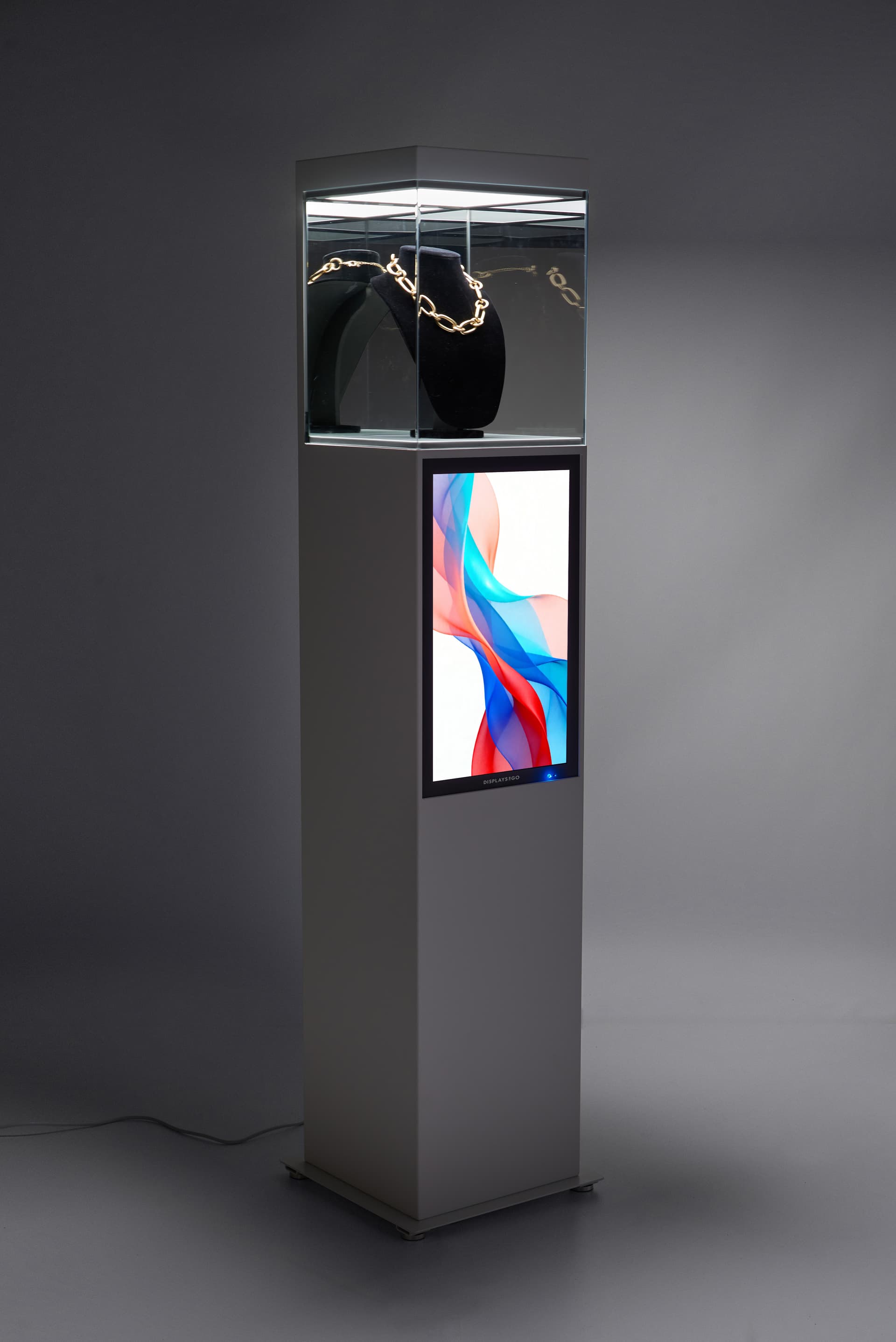 Exhibit pedestal case with video screen and Android 14 operating system