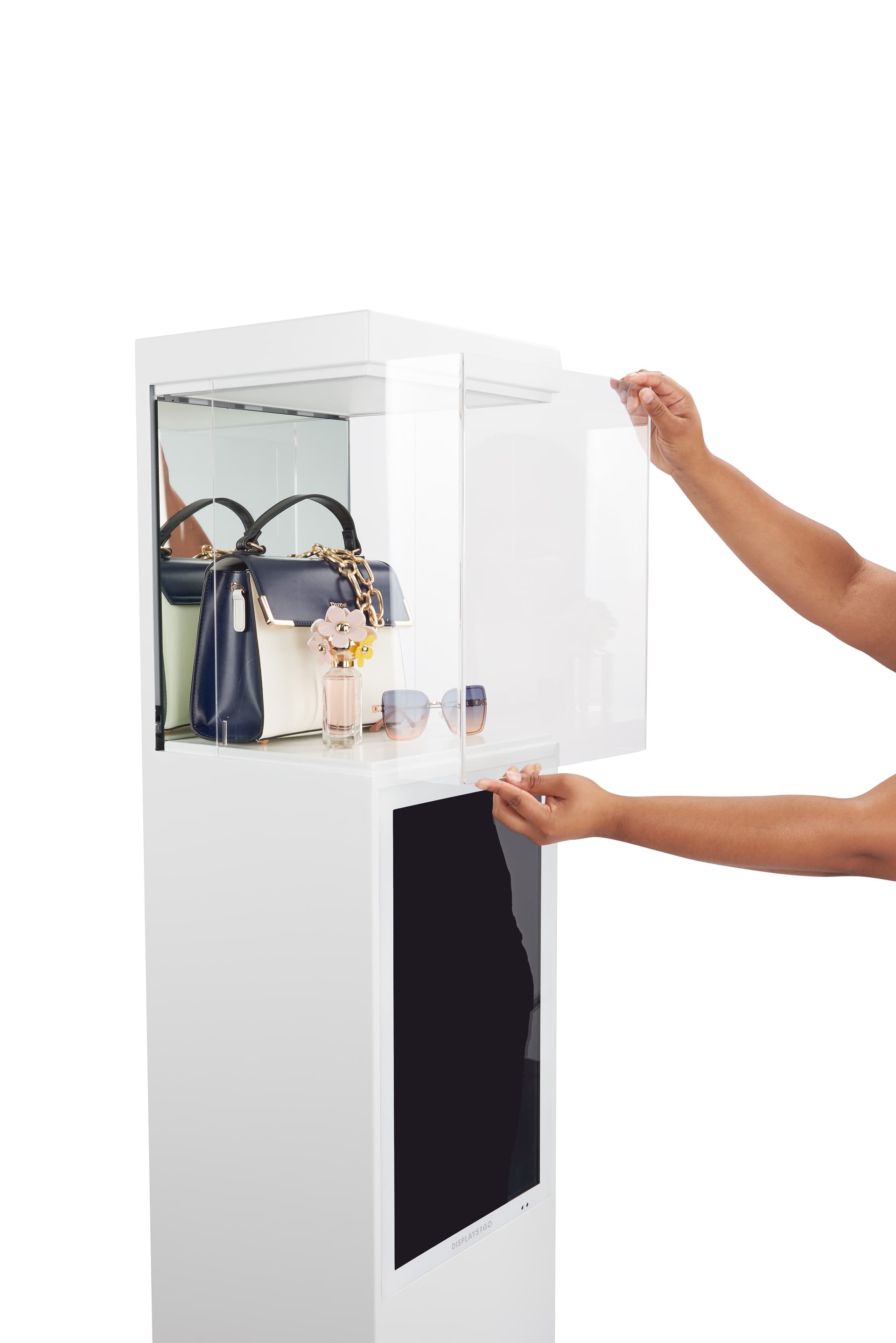 Exhibit pedestal case with video screen and easy to open display showcase