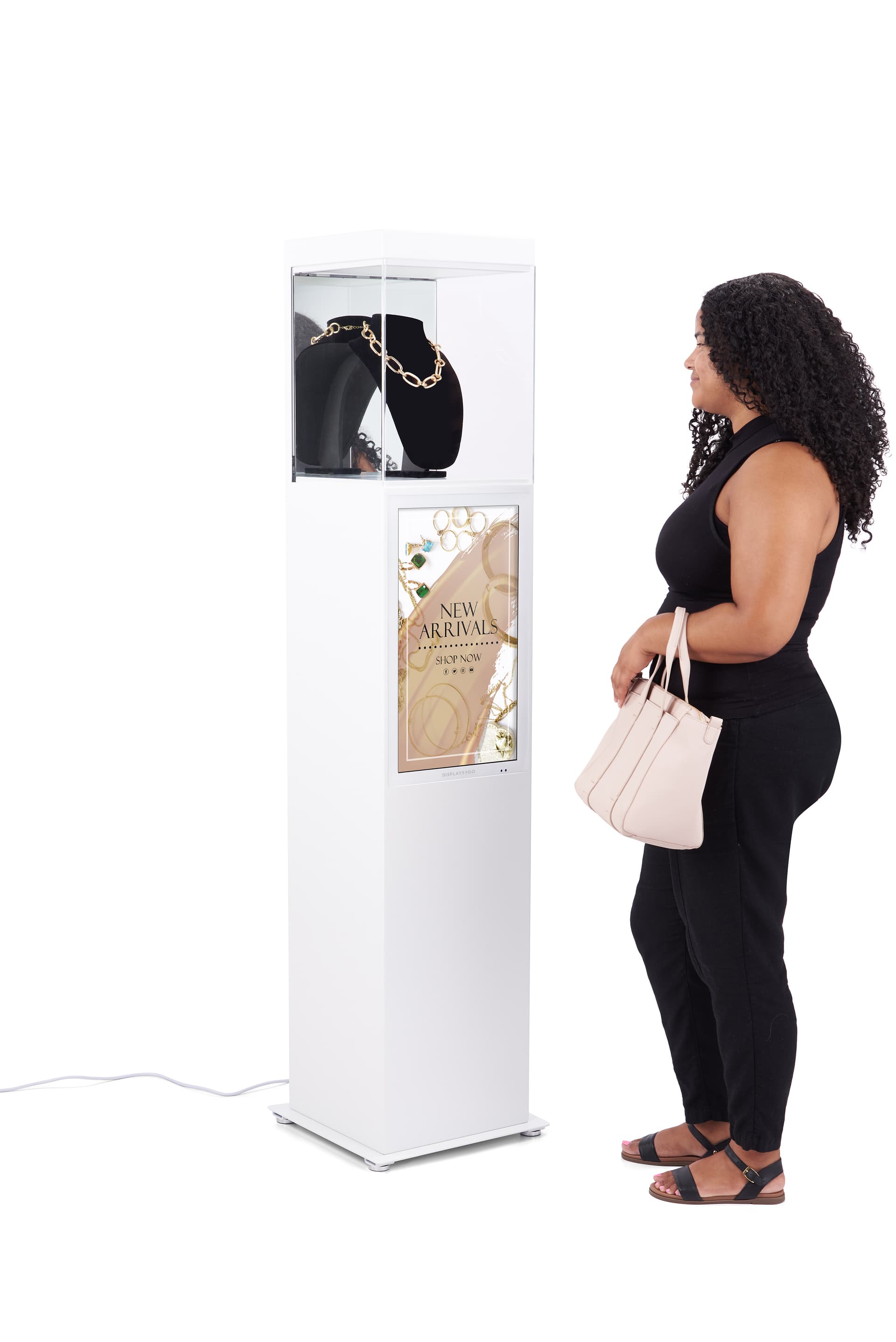 Exhibit pedestal case with video screen for customizable messaging