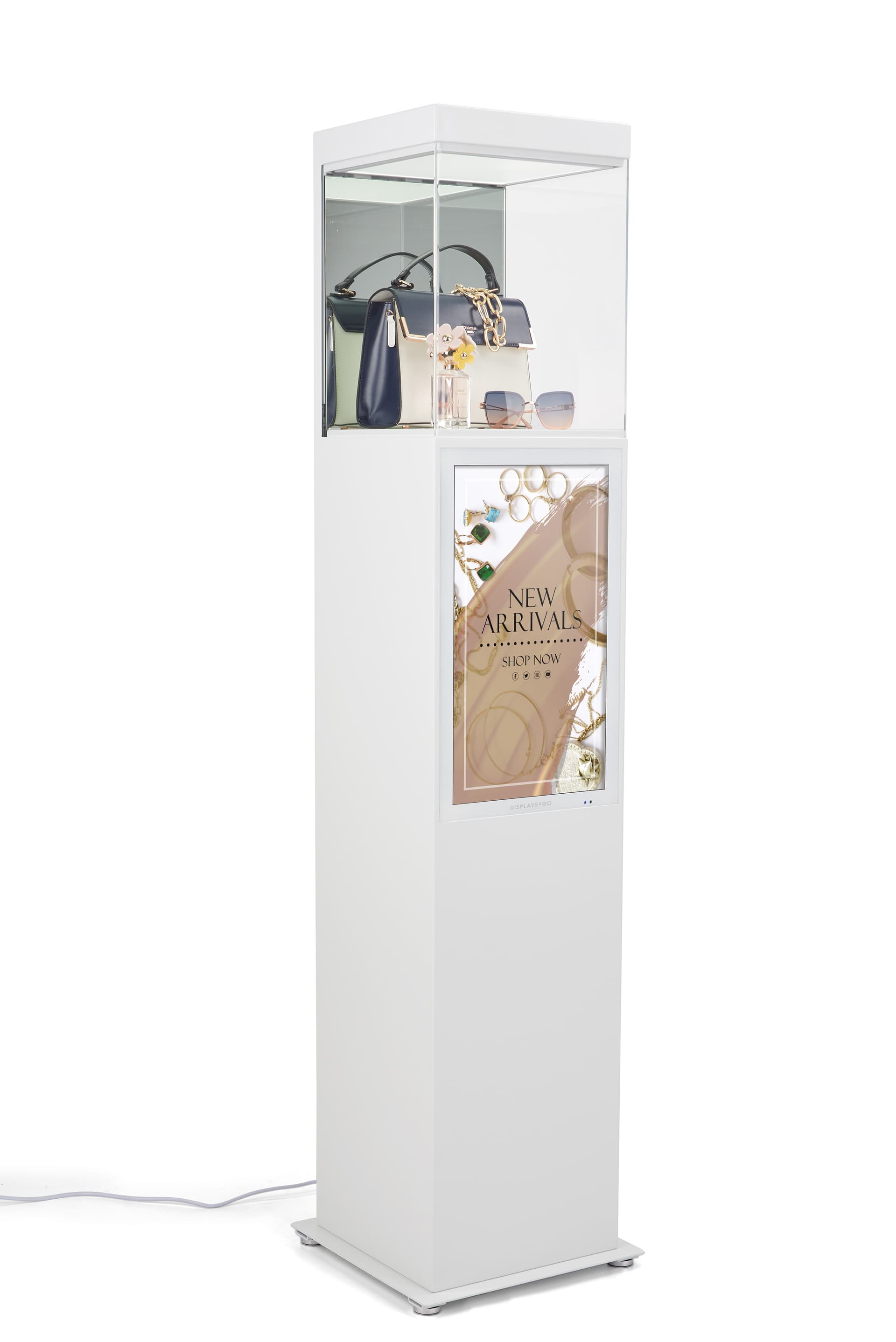 Exhibit pedestal case with video screen and dimmable showcase