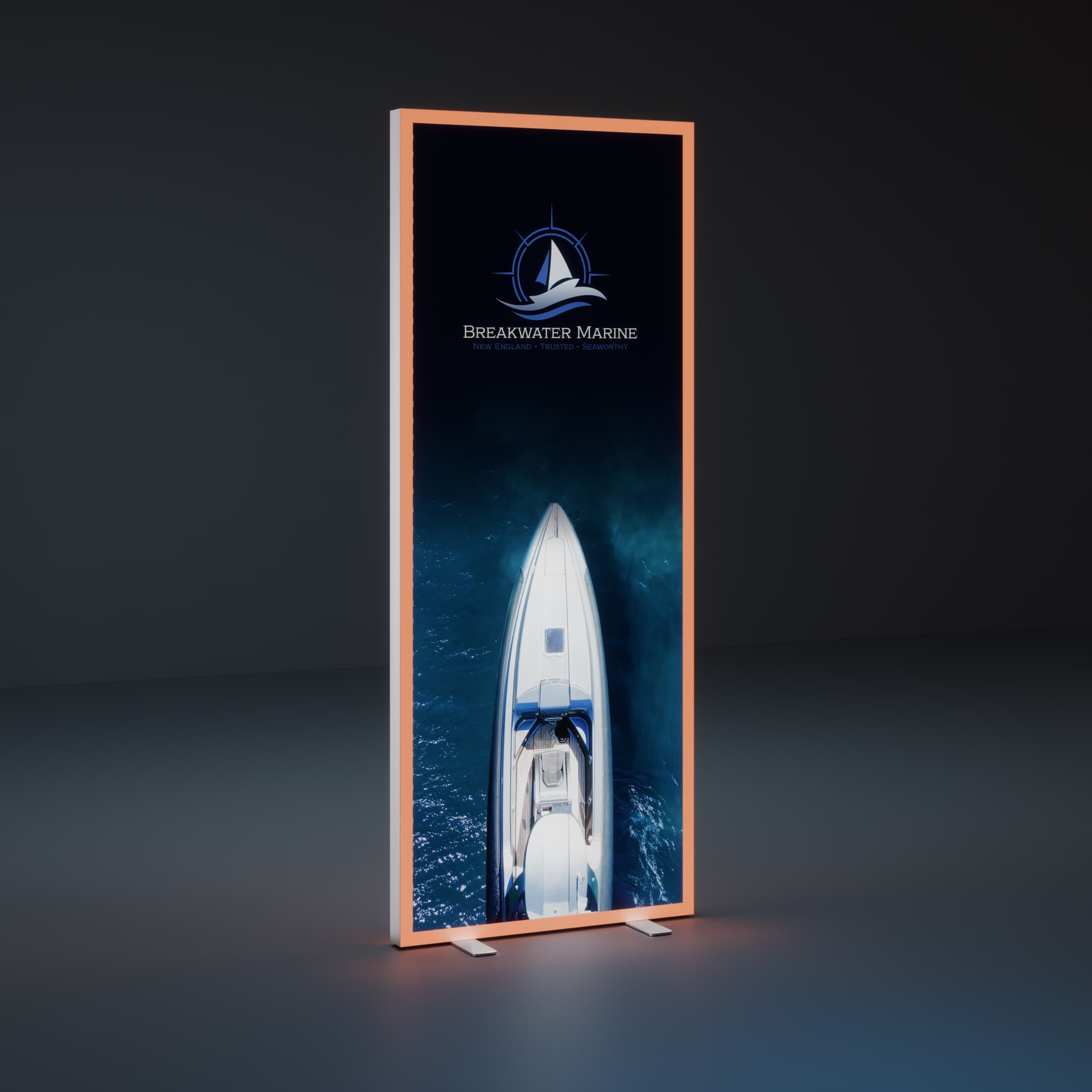 Trade Show Light Box with RGB Frame illuminated in a dark room