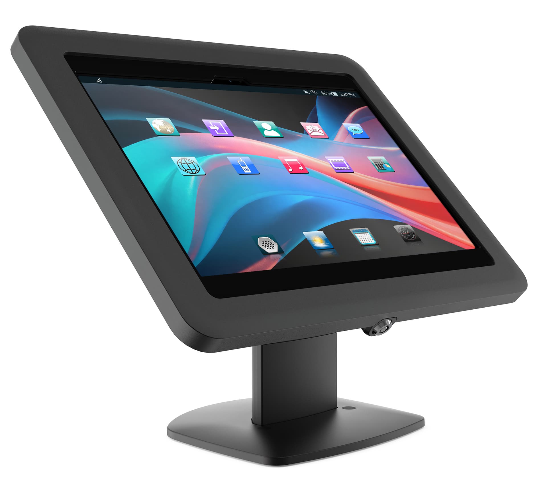 Countertop Samsung Galaxy tablet holder with exposed front facing camera and hidden back facing camera