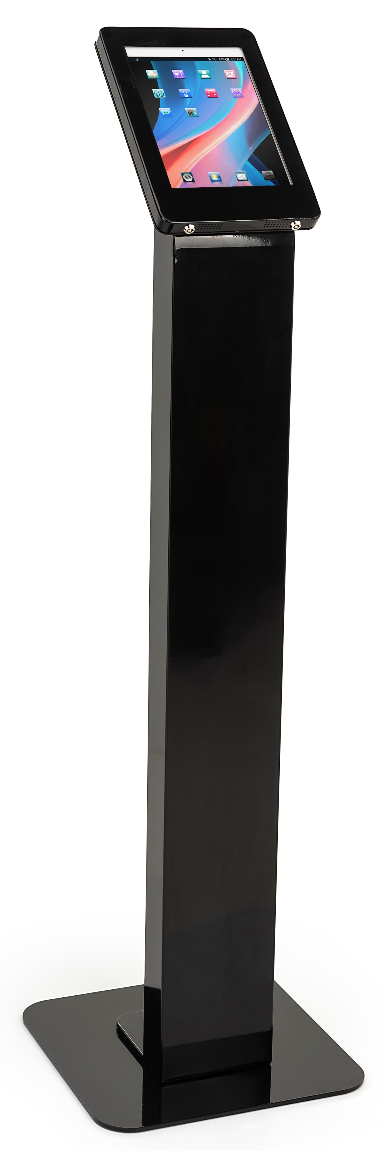 Locking floor stand iPad kiosk with black powder coated finish 