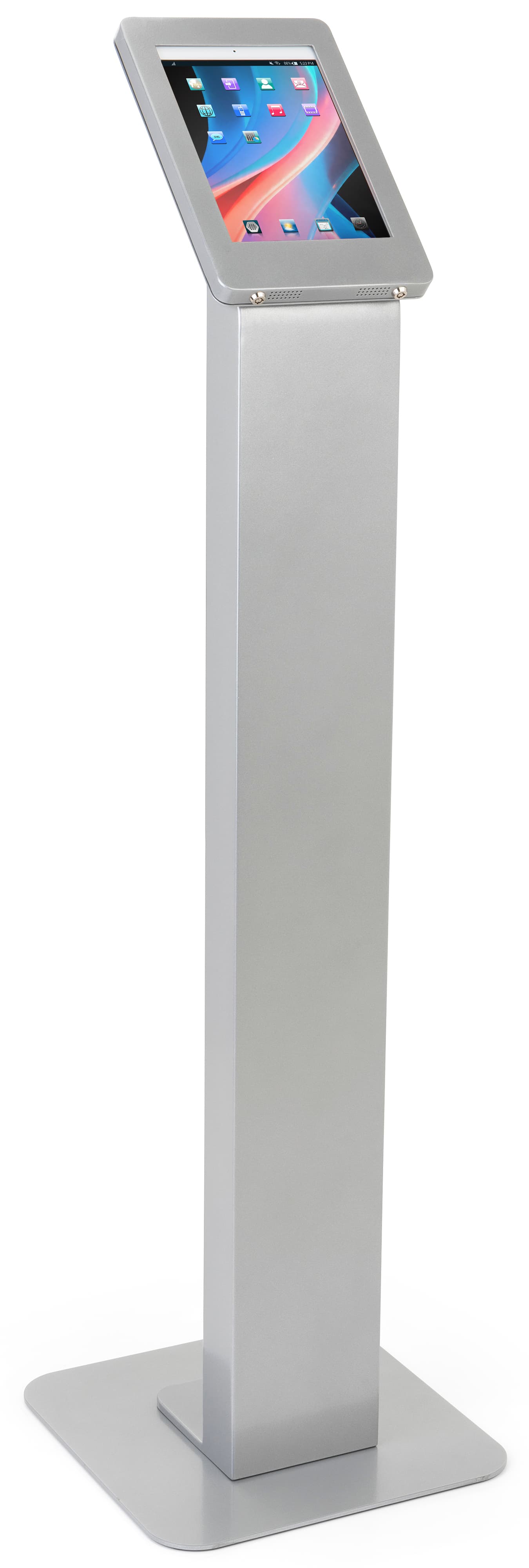 Silver iPad enclosure floor stand with power coated finish 