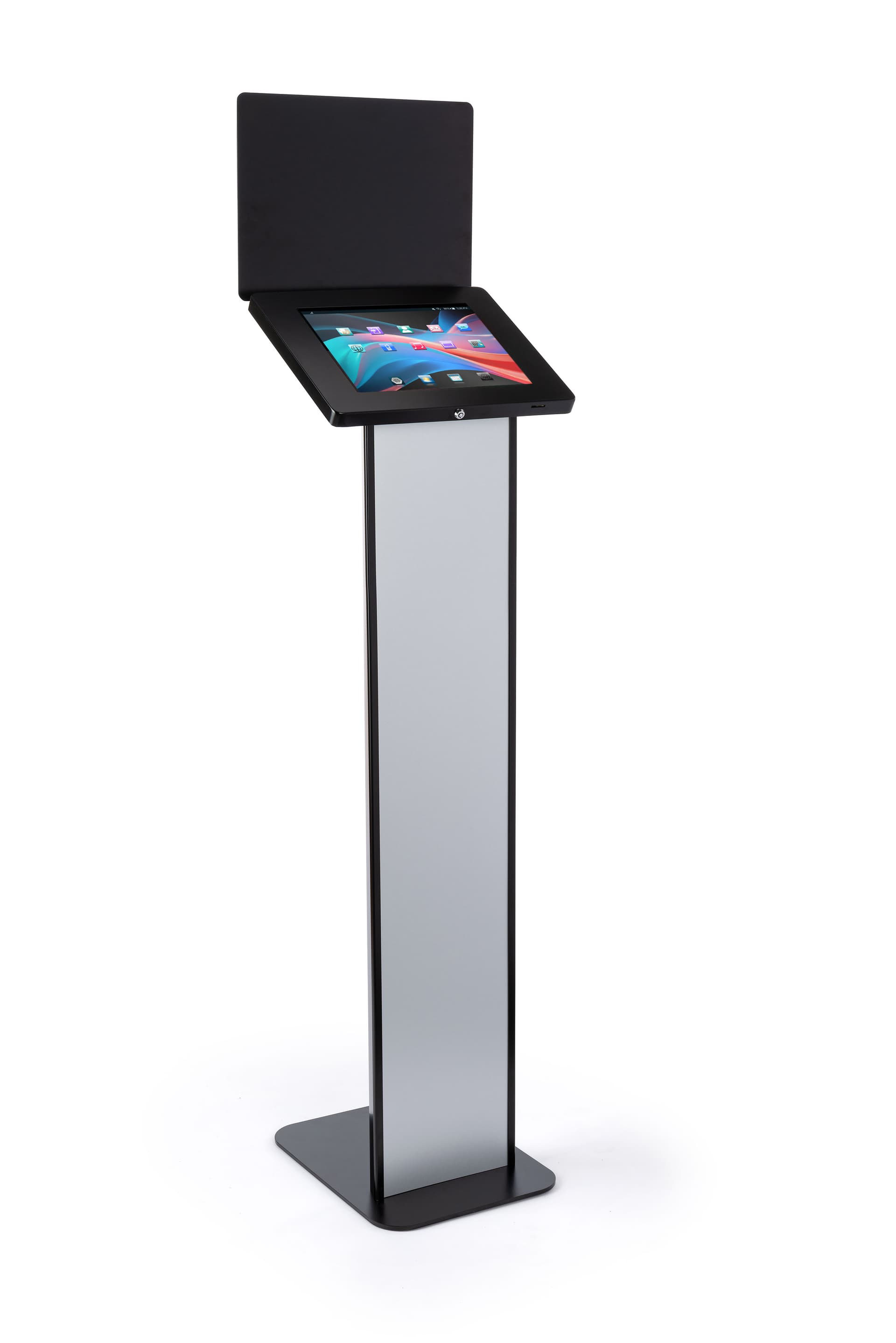 15.0"w x 55.5"h x 12.0"d black and silver customizable tablet info kiosk