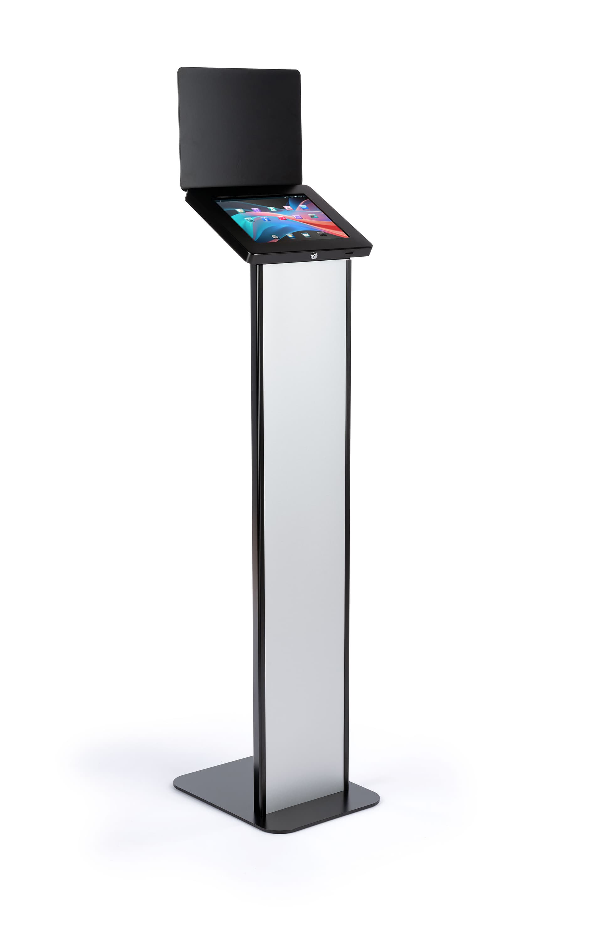 Black and silver brandable tablet kiosk with modern and slim design