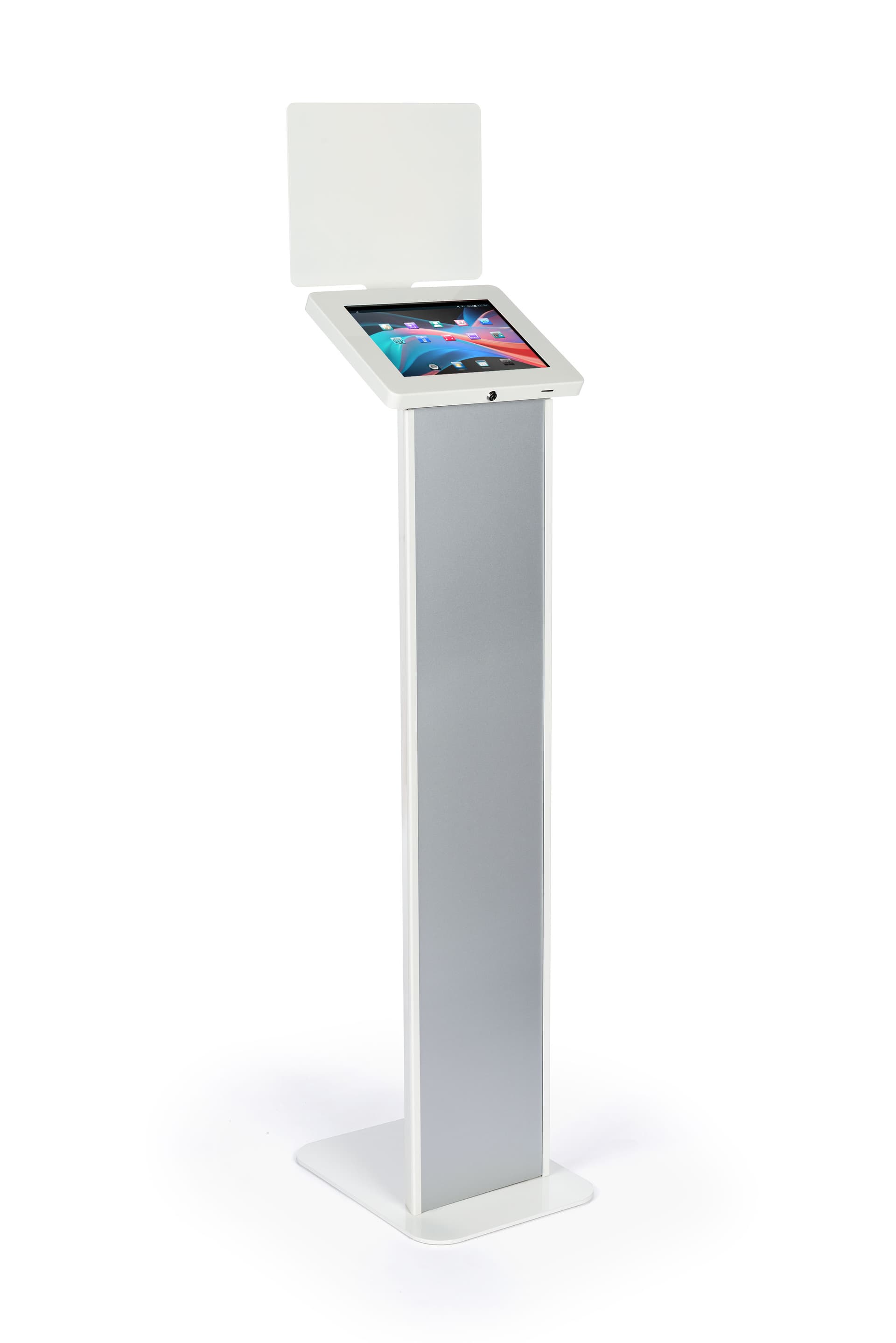 Freestanding white iPad kiosk with panel for 9.7" devices