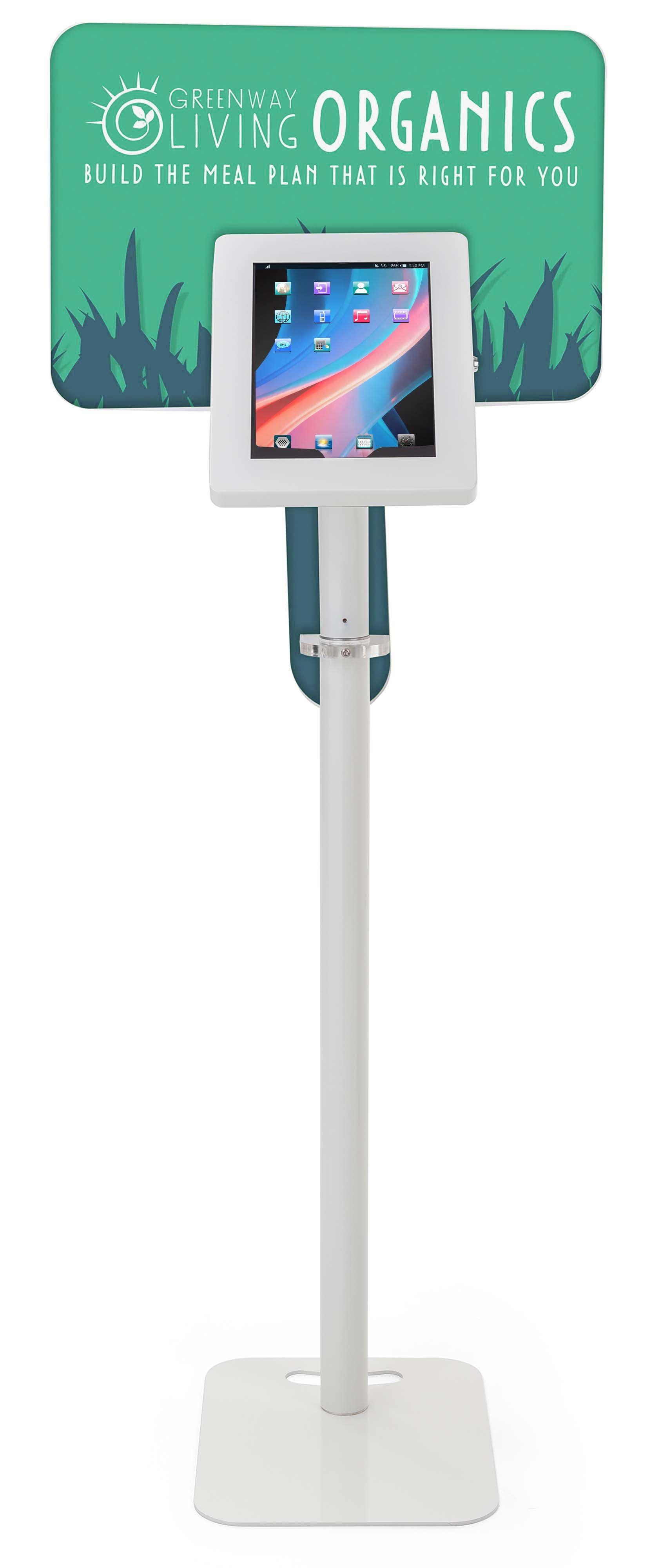Interactive iPad station with custom graphics is made from white steel
