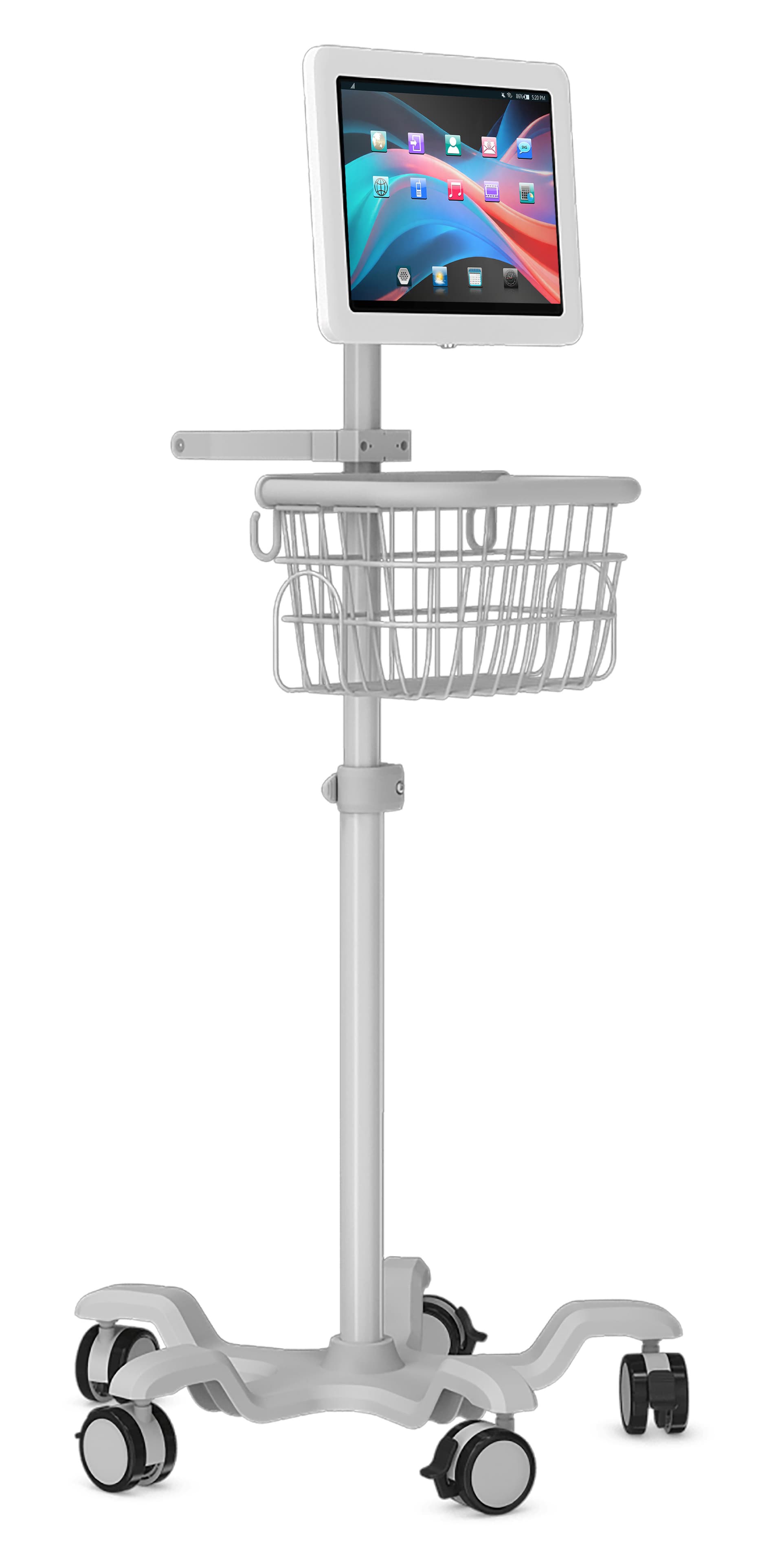 Medical mobile iPad cart with clean white aluminum construction