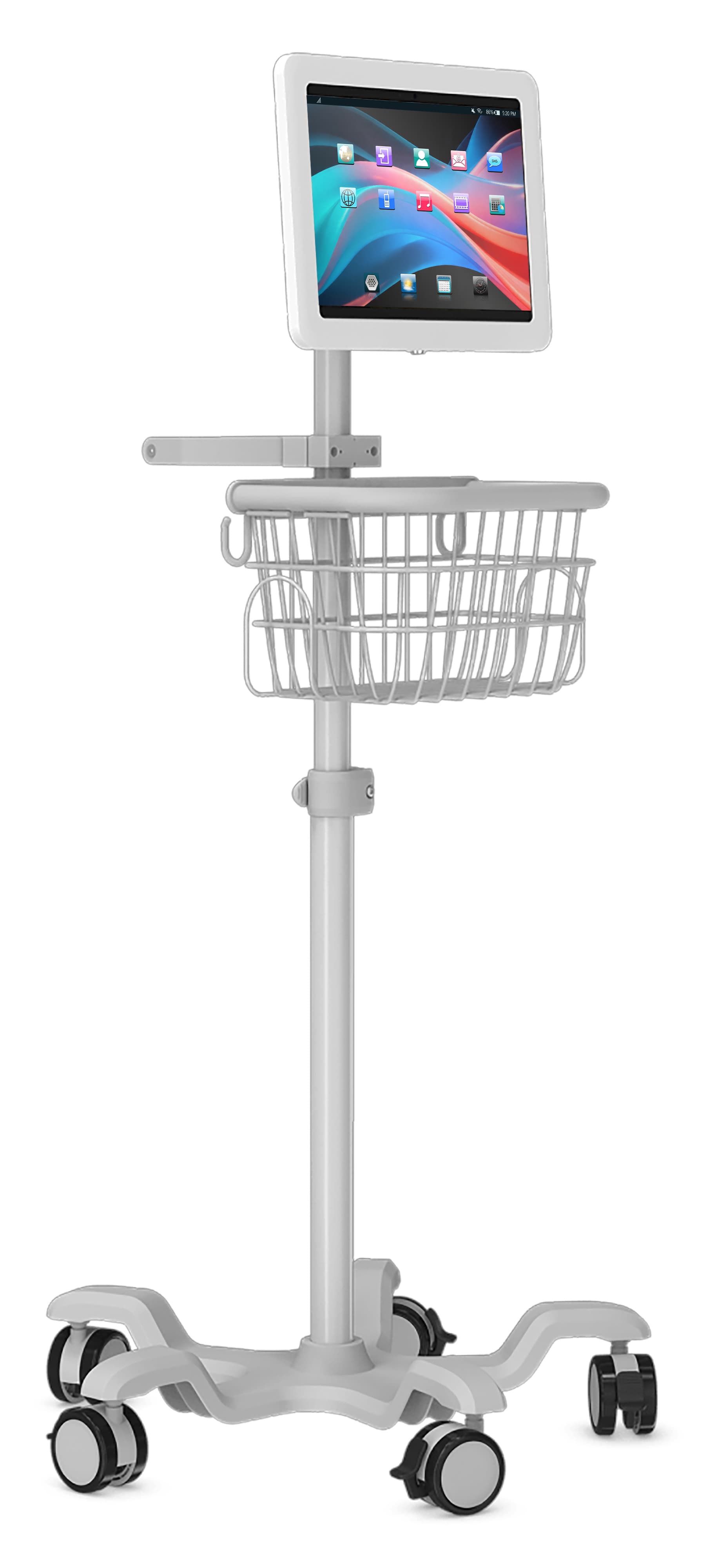 Mobile tablet cart for Surface Pro with clean white aluminum construction