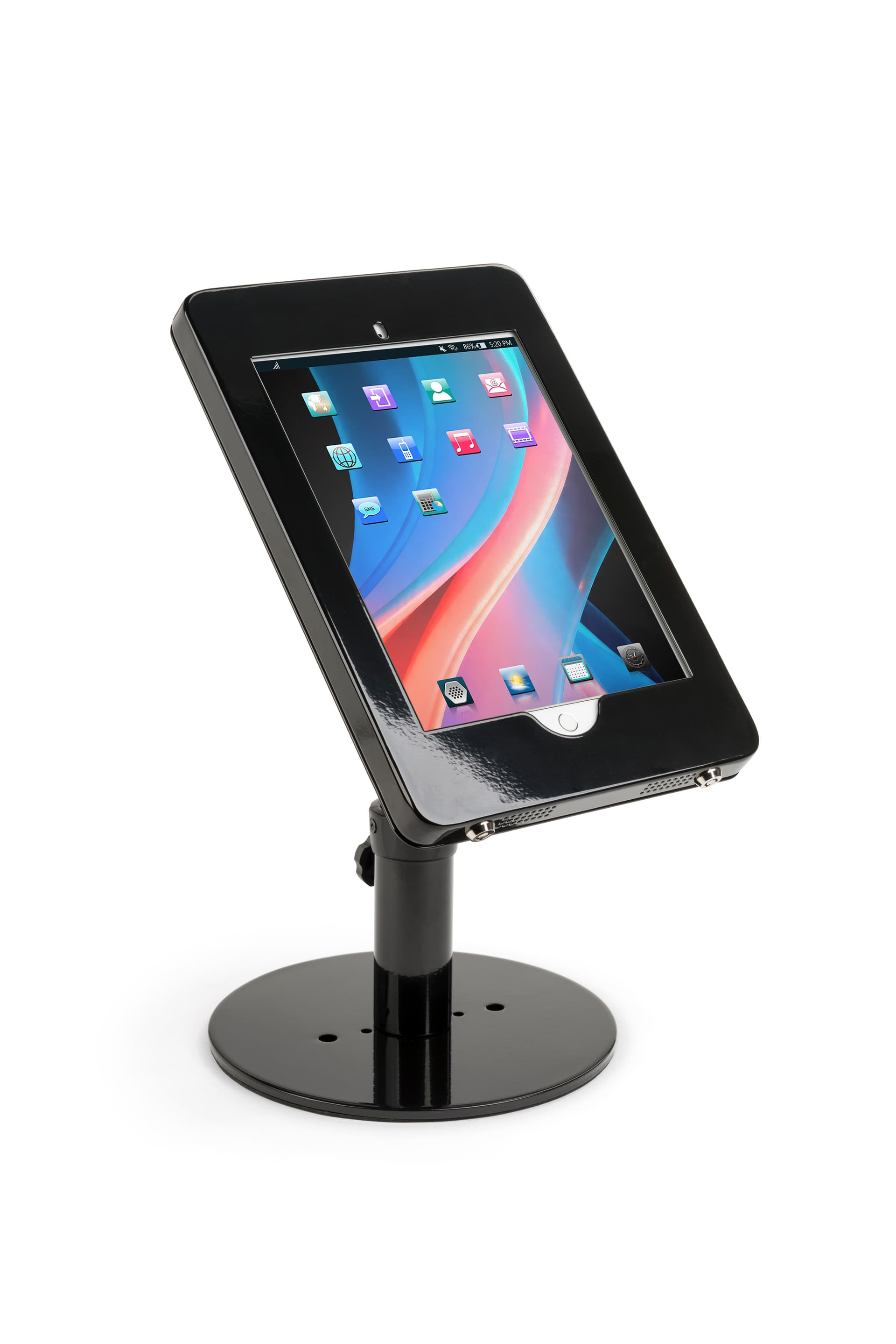 Countertop iPad Pro tablet stand with pre-drilled holes for permanent mounting in public environments