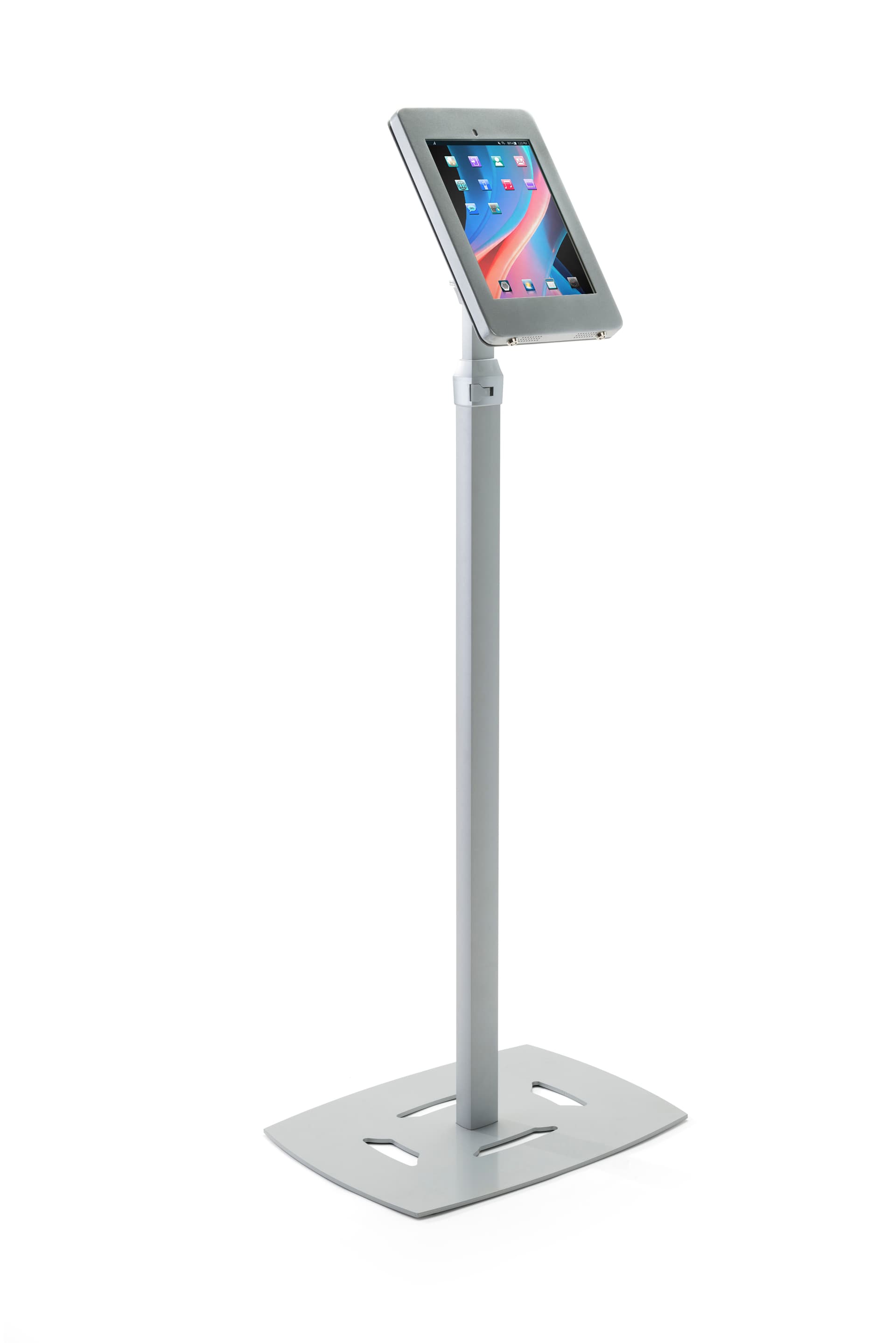 Height adjustable iPad Pro POS floor stand holding 10.5" tablet