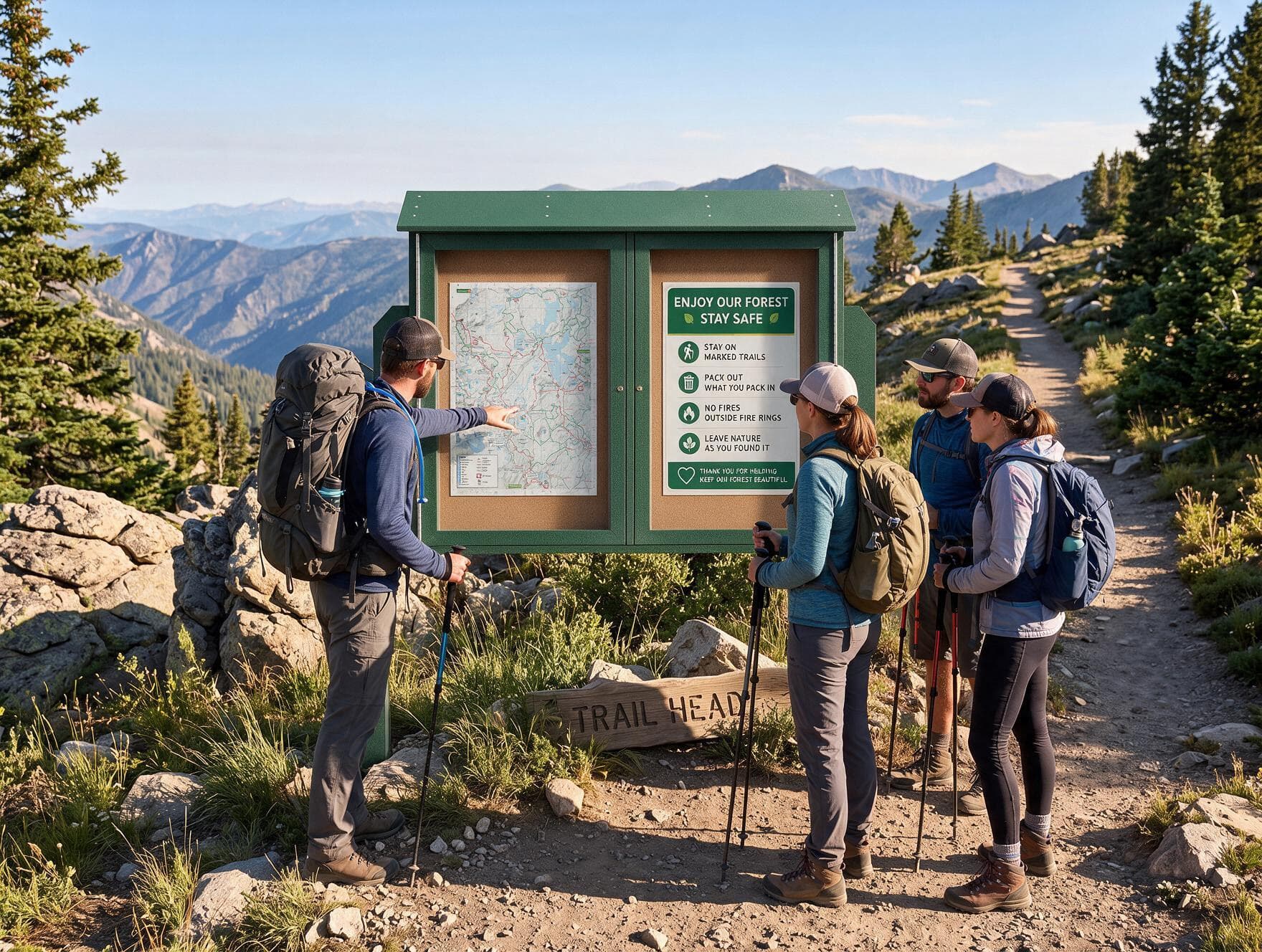 Free standing outdoor bulletin board being utilized on a trail at a national park