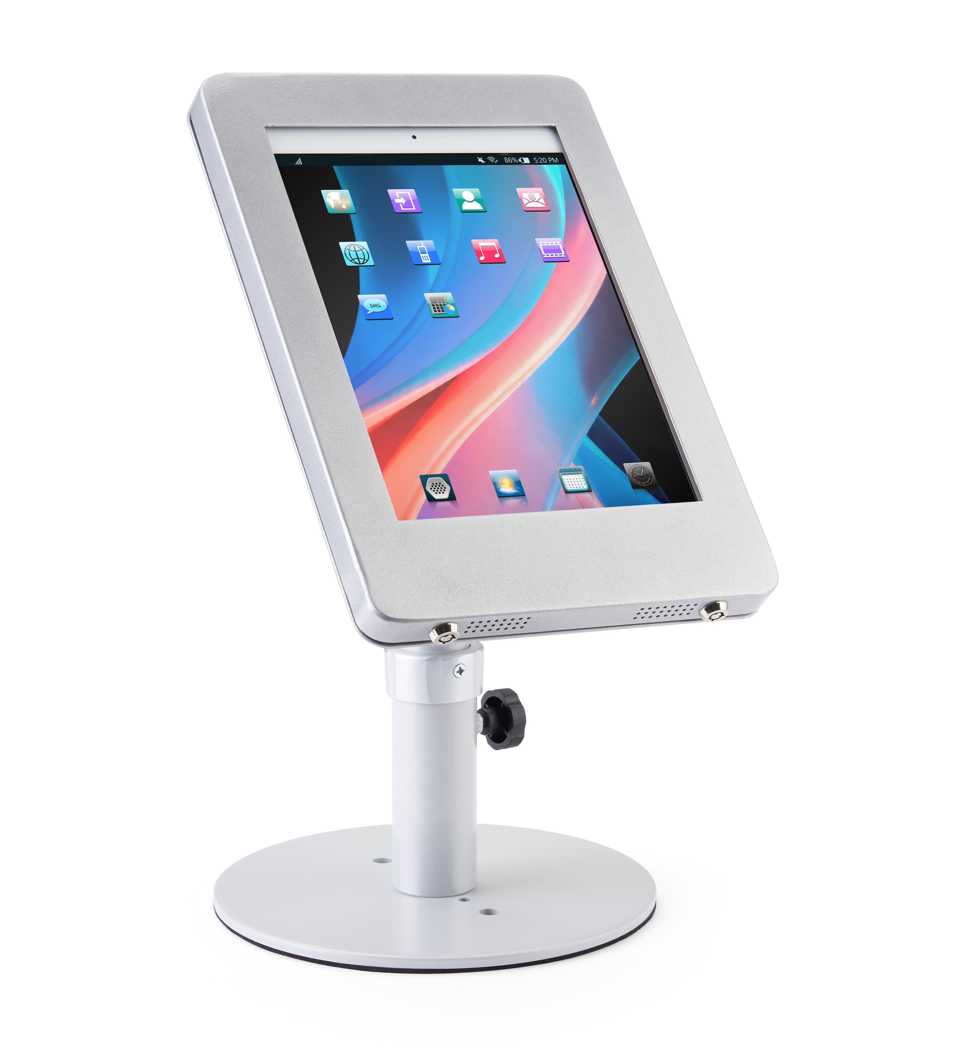 Silver adjustable countertop iPad stand rotates and swivels