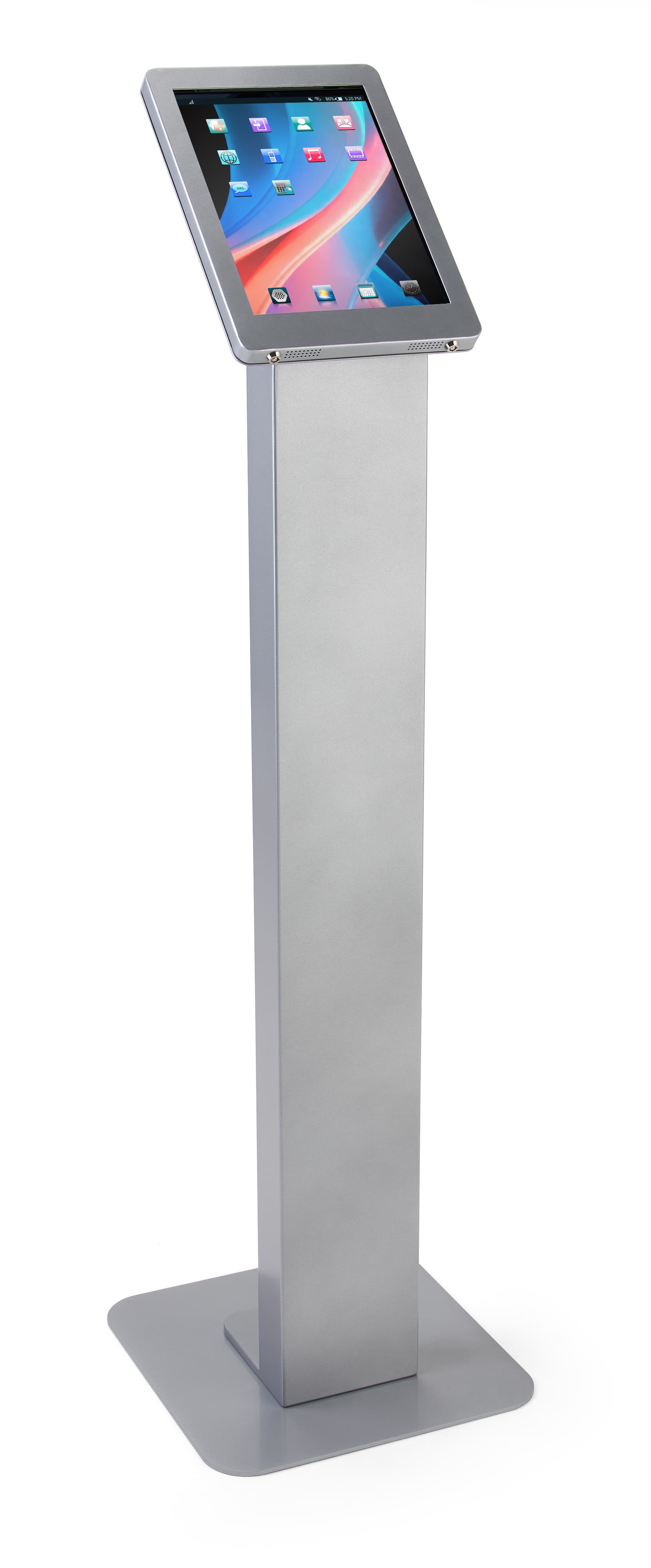 Silver rotating standing iPad floor kiosk with exposed front and rear camera holes