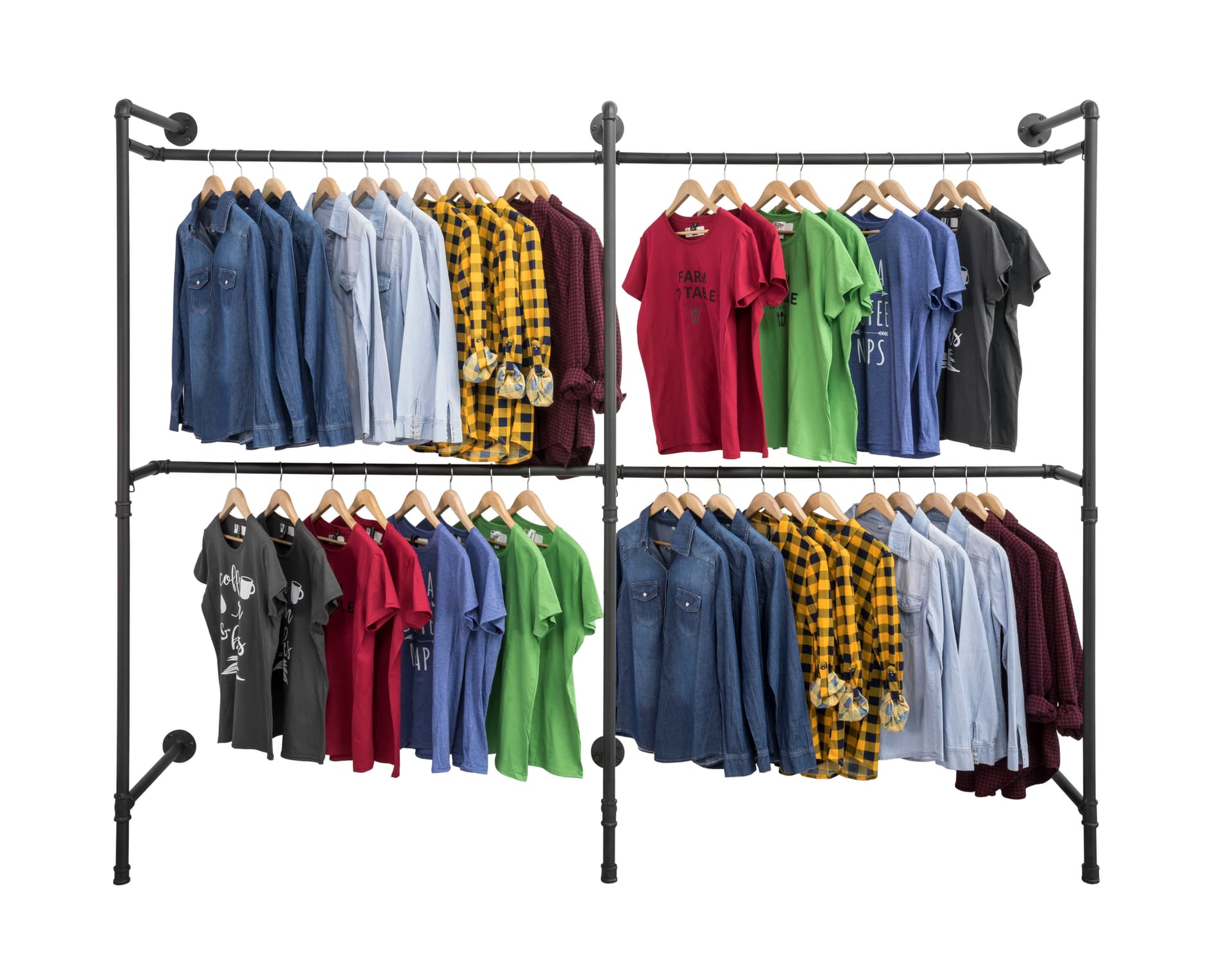 Industrial Wall Display Pipe Rack Showcasing Hanging Shirts