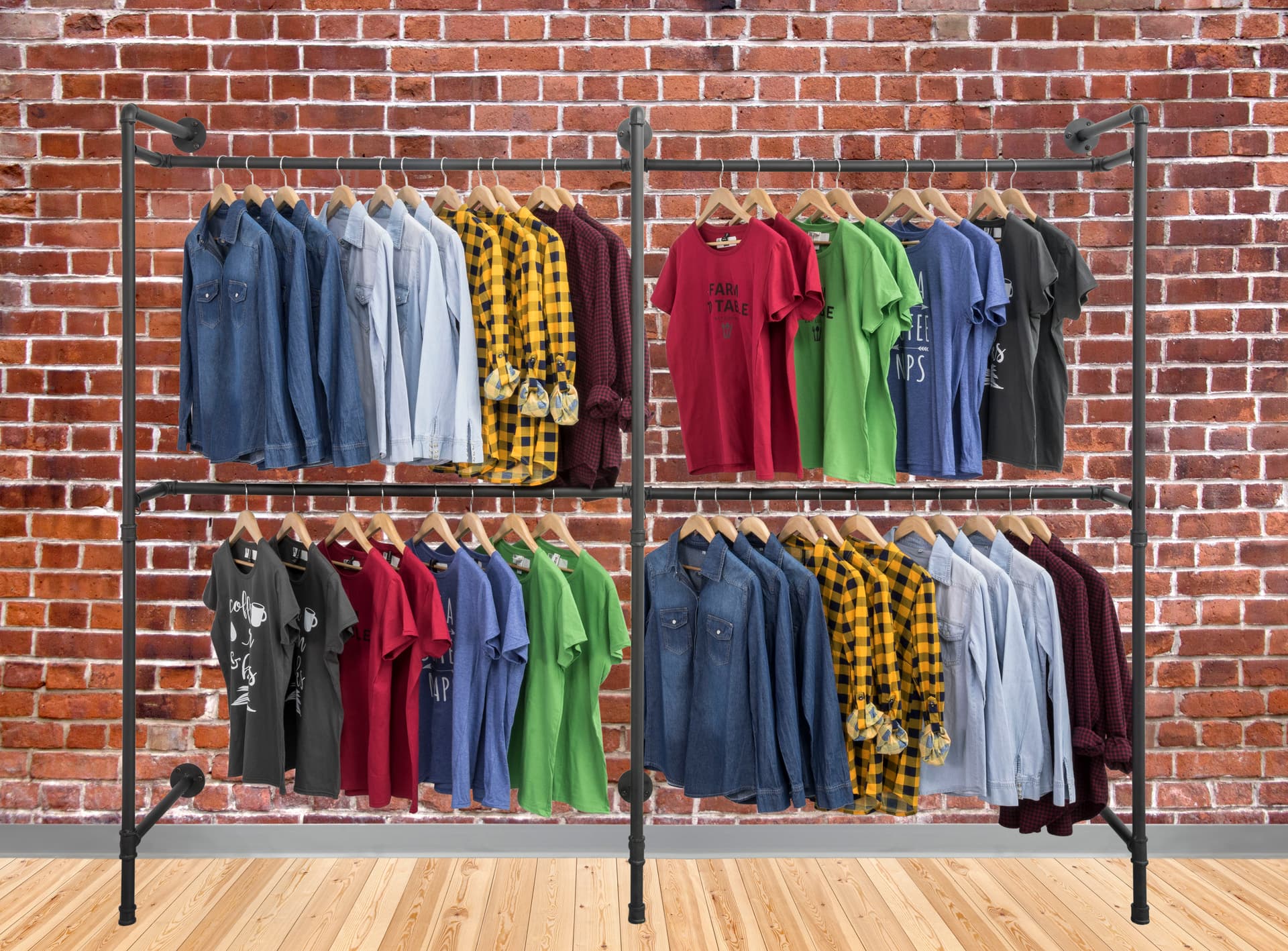 Industrial Wall Display Pipe Rack Showcasing Clothes in Modern Style Shop