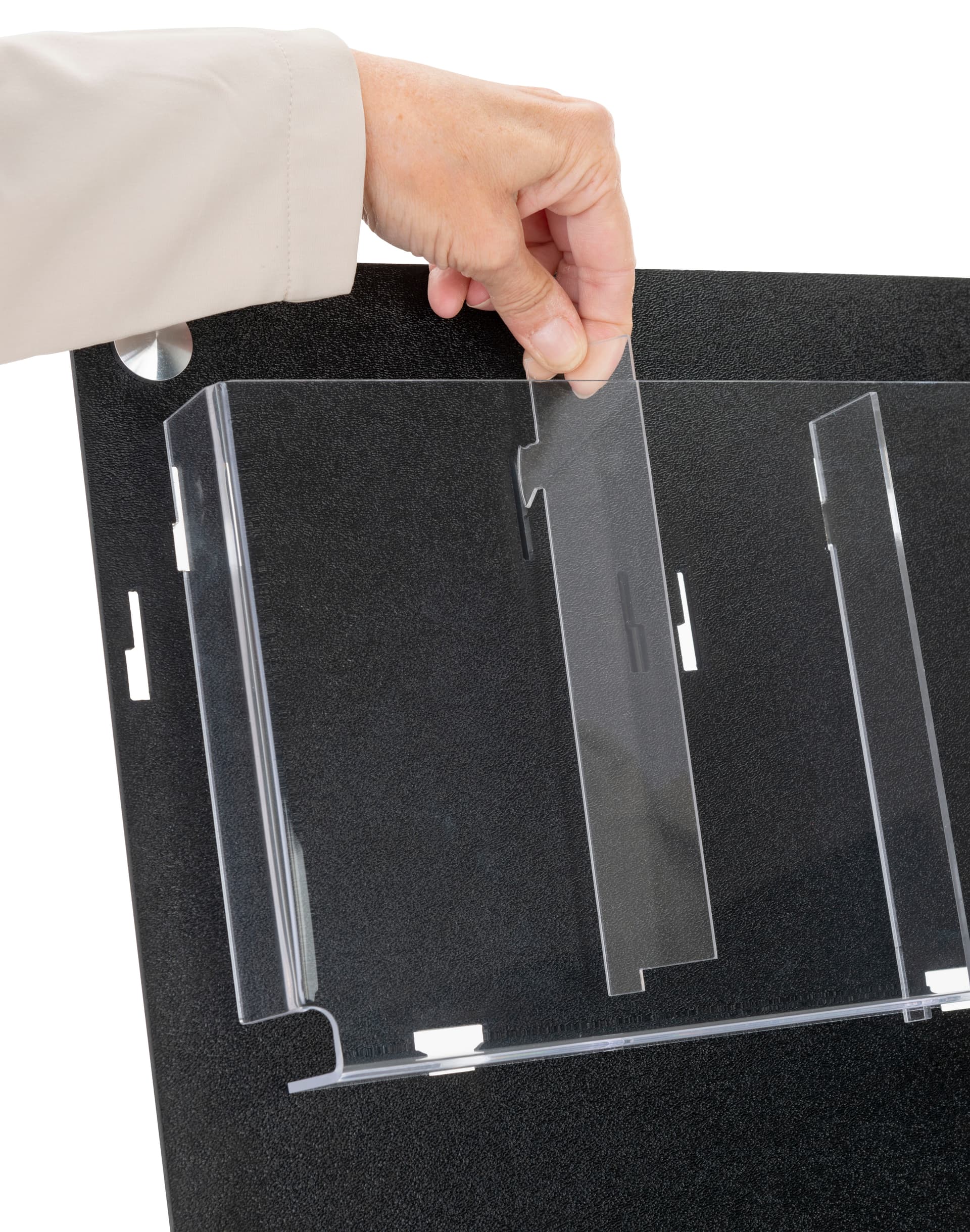 Multi-pocket acrylic brochure rack with easy snap into place pocket dividers 