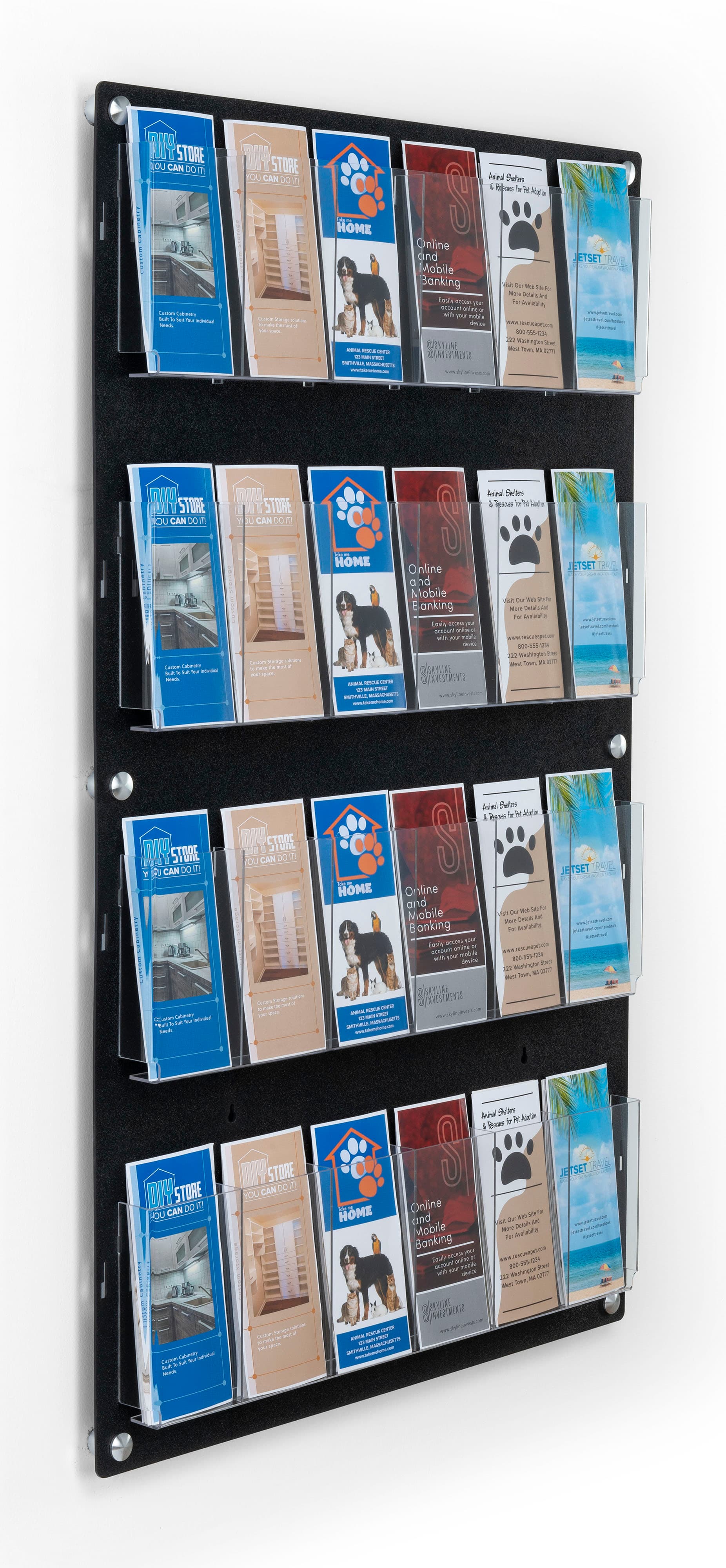 29 inch x 47.5 inch multi-pocket acrylic brochure rack with a plastic black backboard 