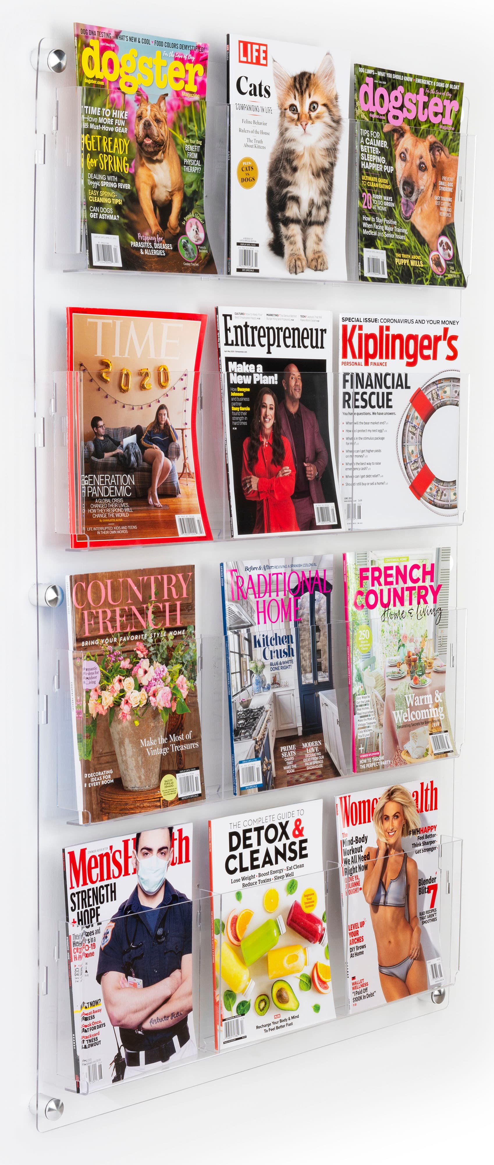 29 inch x 47.5 inch wall mounted acrylic literature display with 12 clear pocket dividers for magazines