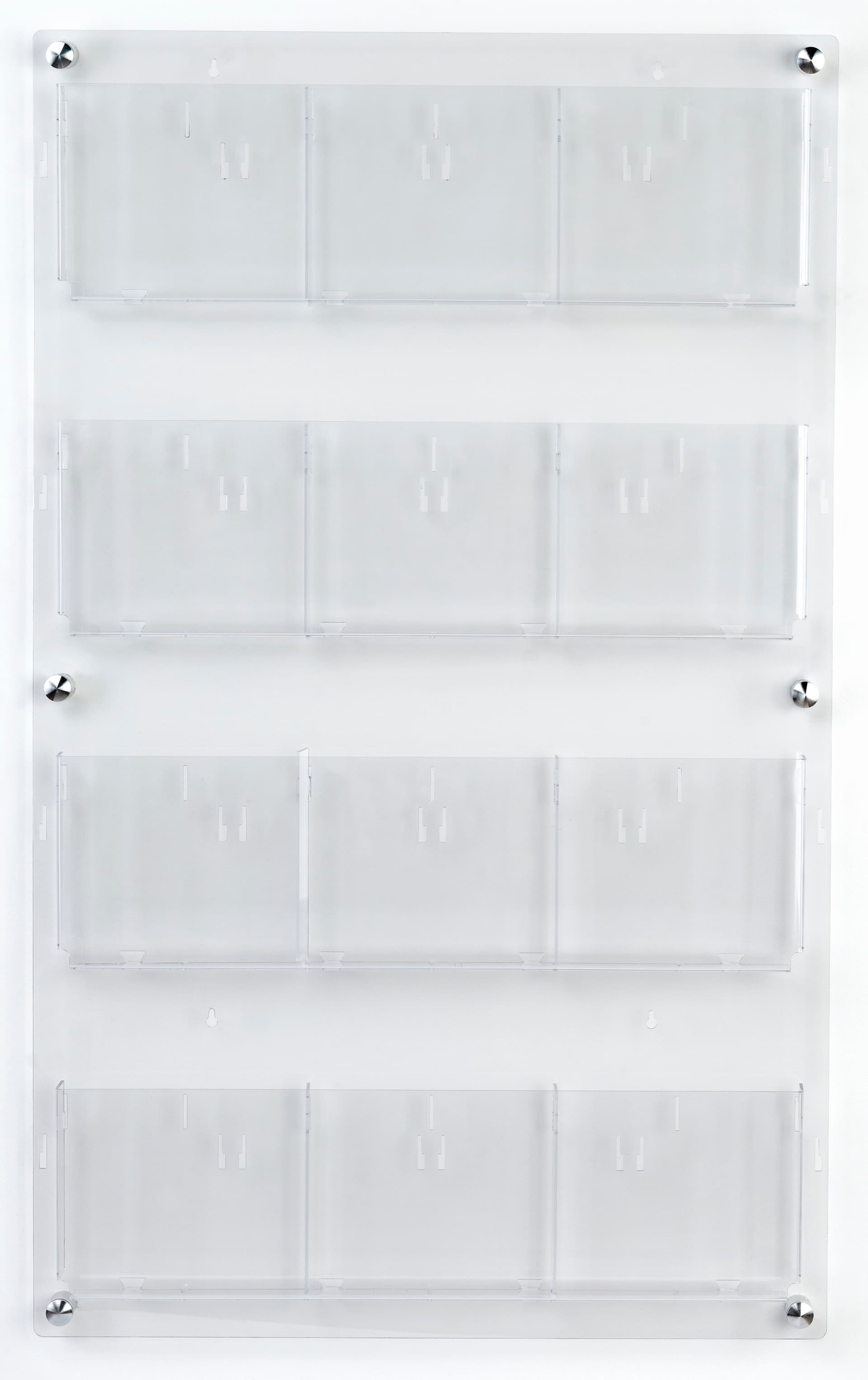 29 inch x 47.5 inch wall mounted acrylic literature display with a tiered design for magazines