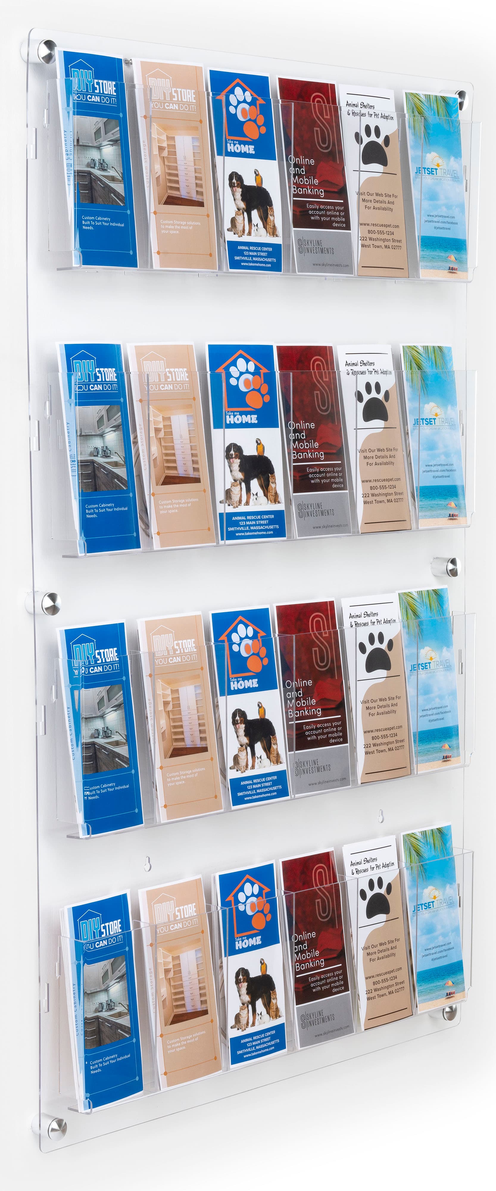 Wall mounted acrylic literature display with adjustable pocket dividers