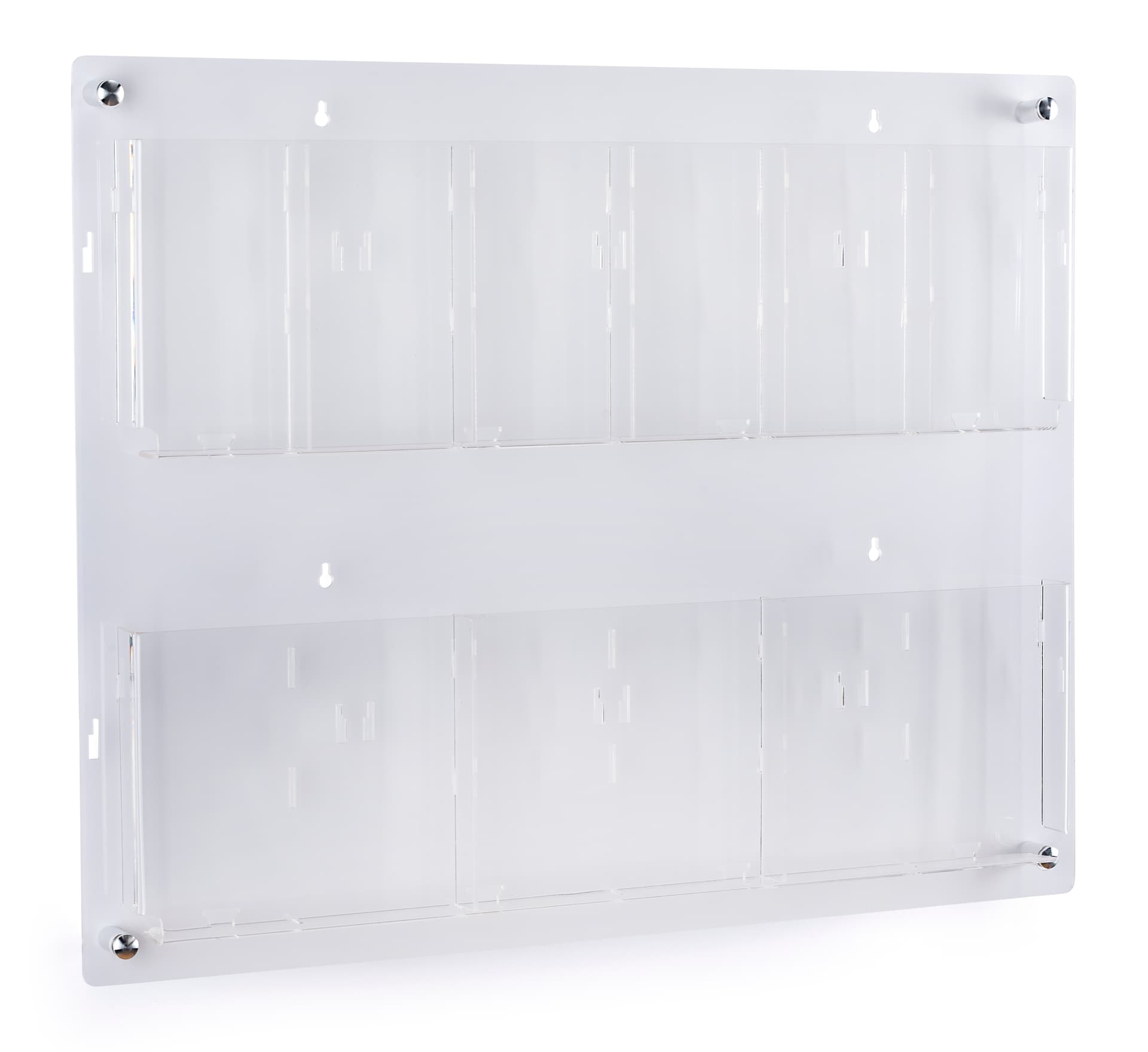 Wall mounted magazine rack with clear acrylic pocket dividers 