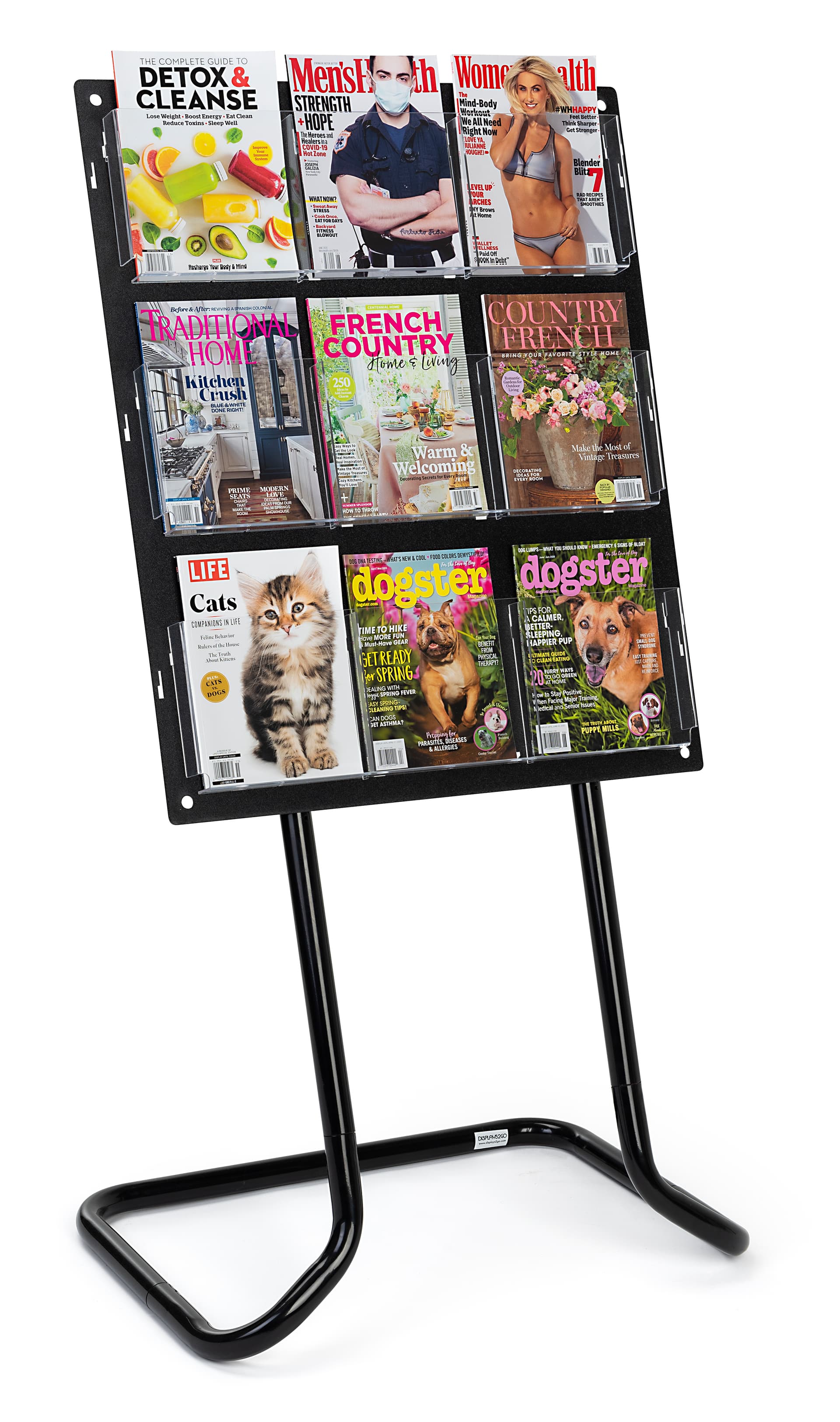 30.5 inch x 57.5 inch tiered acrylic literature floor stand with adjustable pockets to hold magazines 