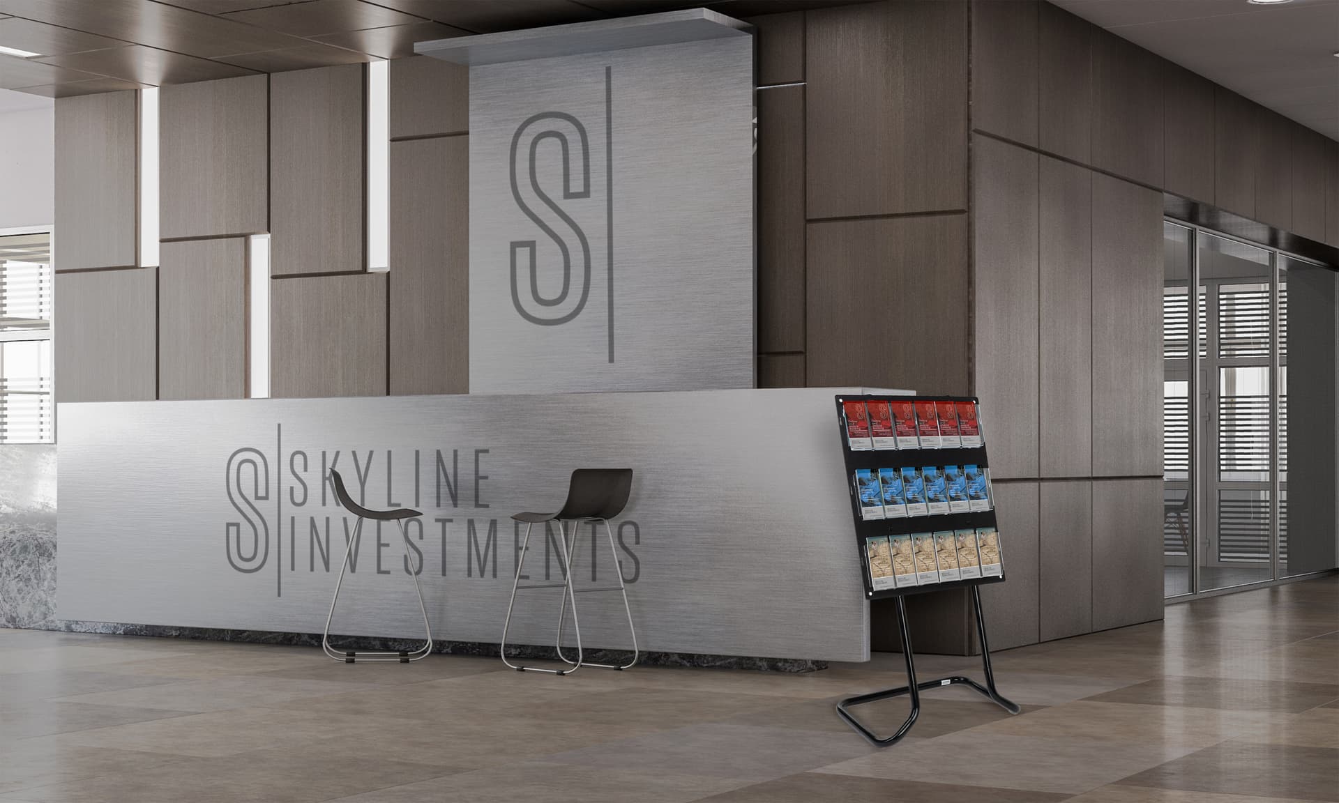 30.5 inch x 57.5 inch tiered acrylic literature floor stand in a financial service company 