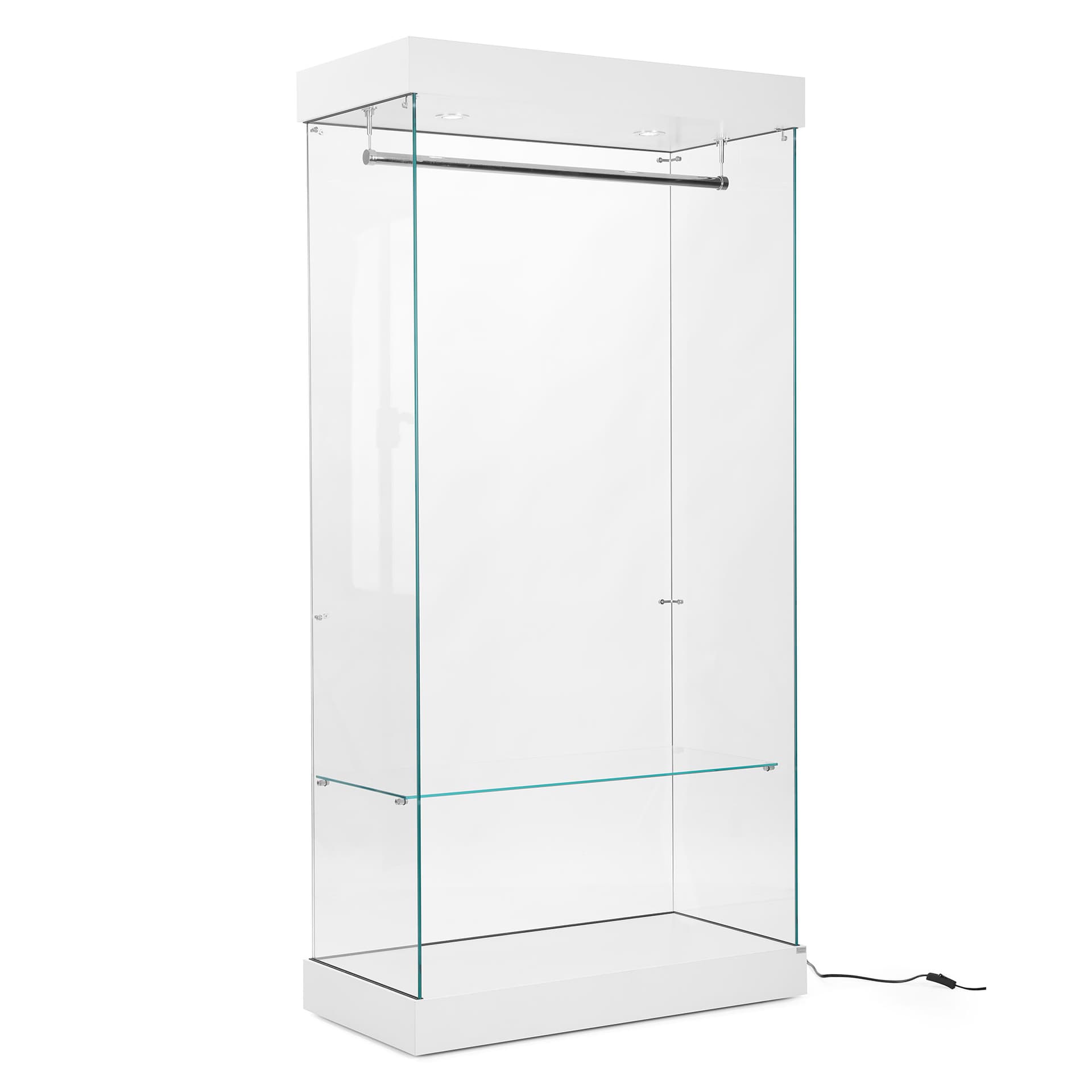 Retail glass wardrobe features tempered glass on three sides