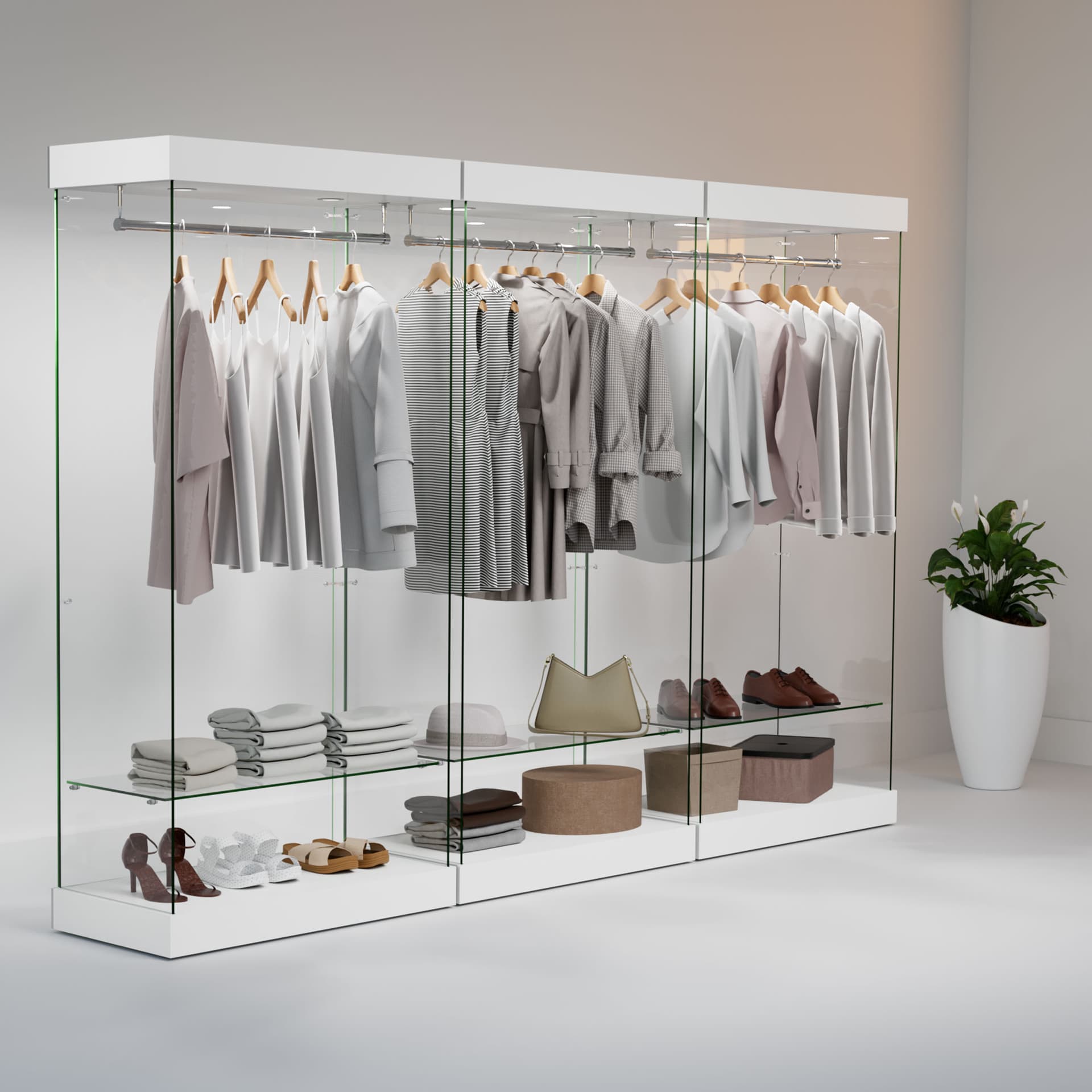 Retail glass wardrobe can be place side-by-side with multiple units for an extended wall display system