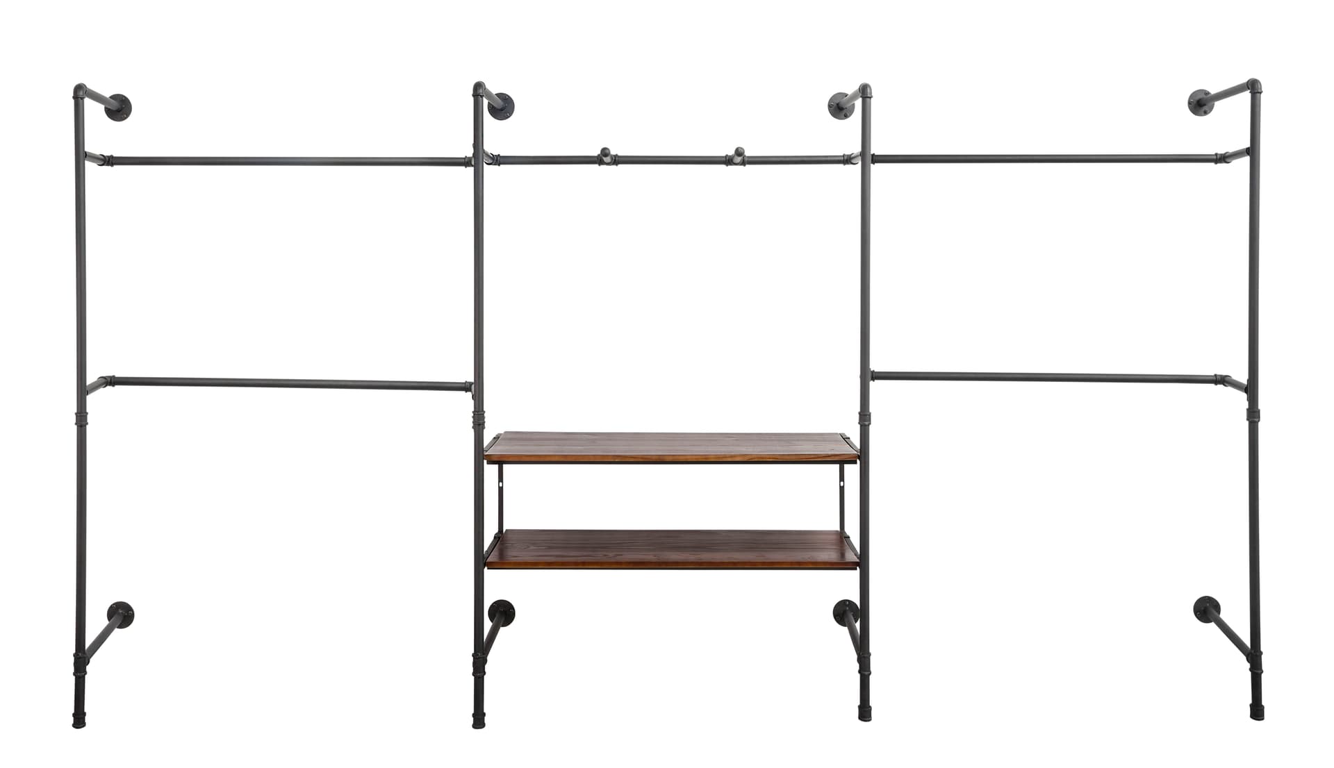 Pipe Outrigger Retail Wall System with 5 Clothing Hanging Bars