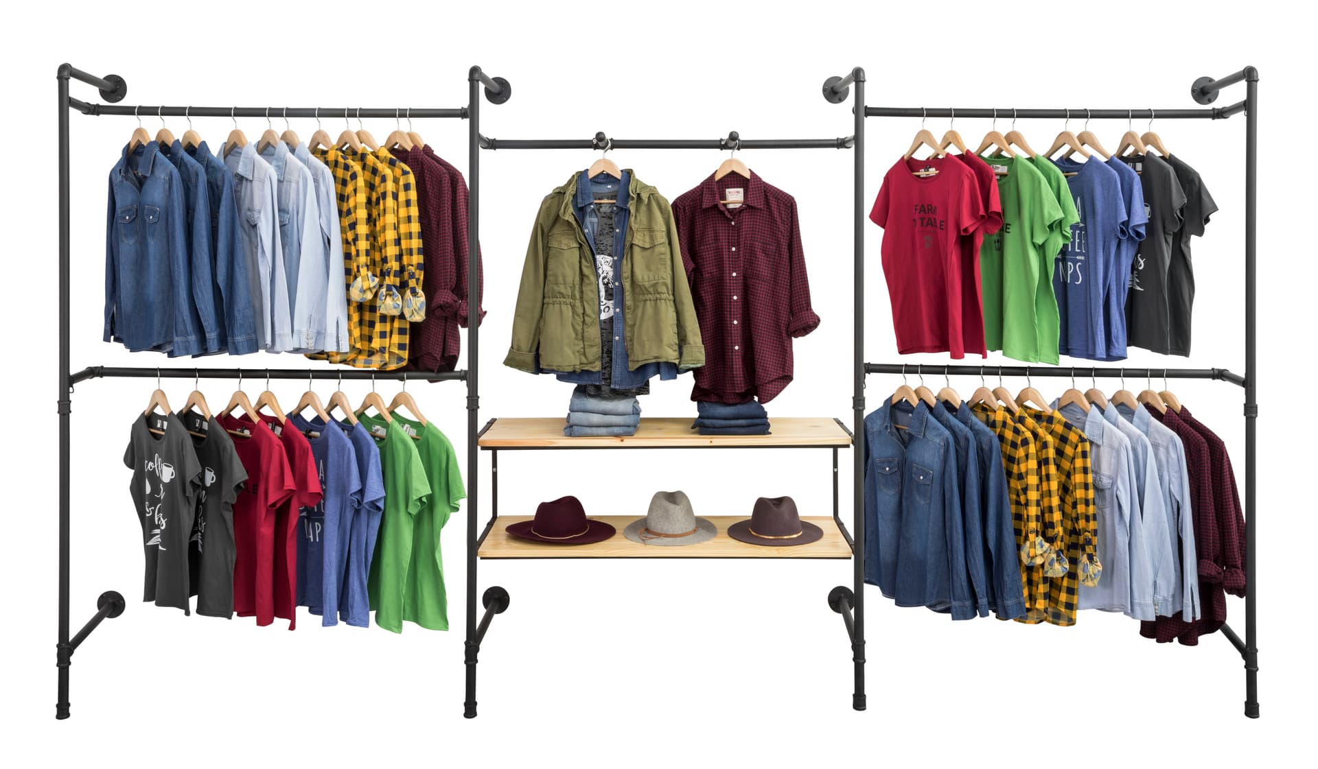 Pipe Wall Mounted Outrigger System Showcasing Clothing and Hats