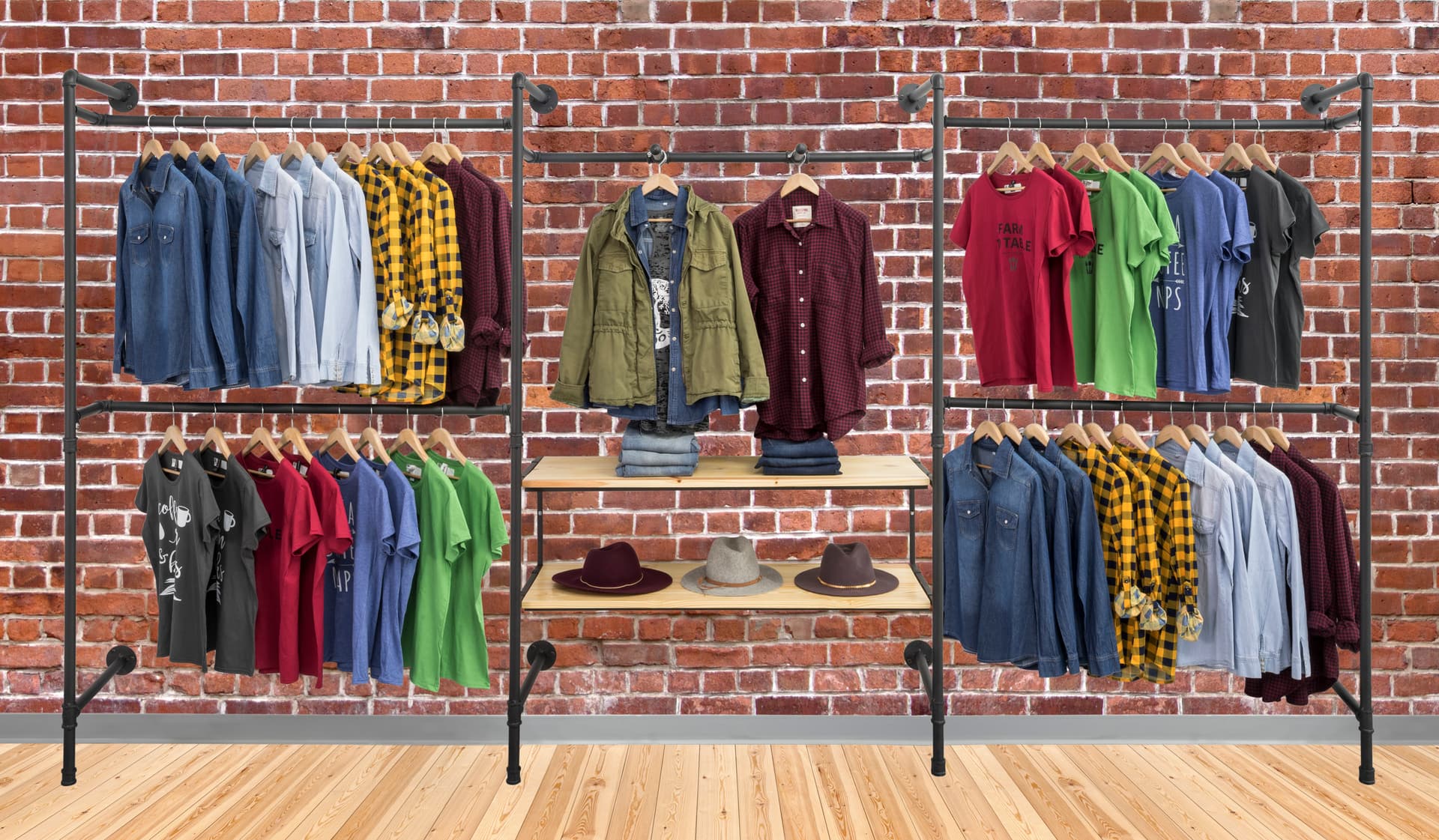 Pipe Wall Mounted Outrigger System Showcasing Apparel in a Retail Store
