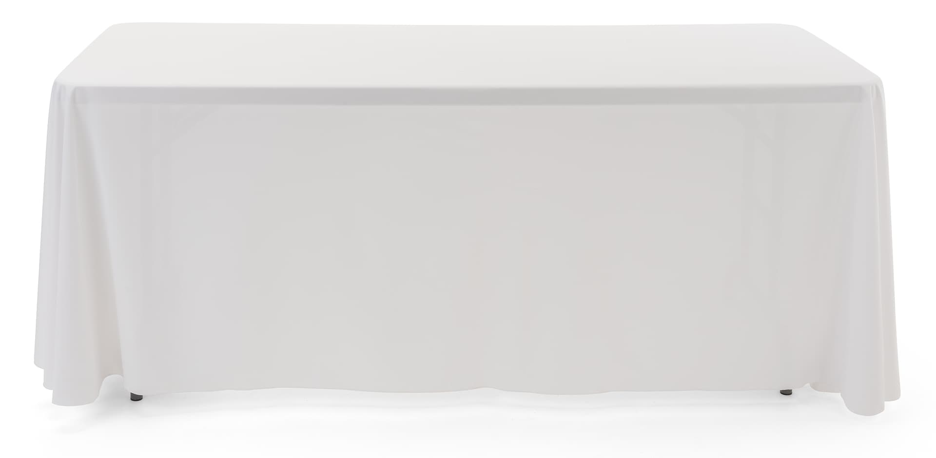White 3-sided event table cloth with rounded top corners to prevent bunching