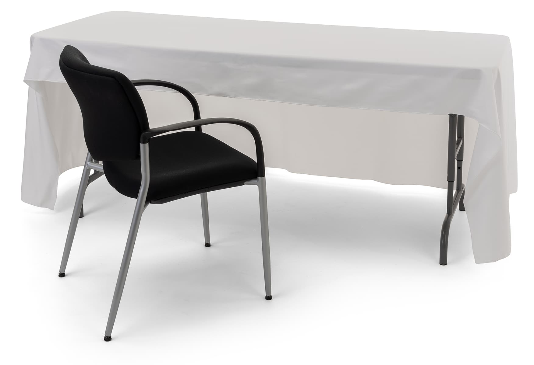 White 3-sided event table cloth with room for seating and storage