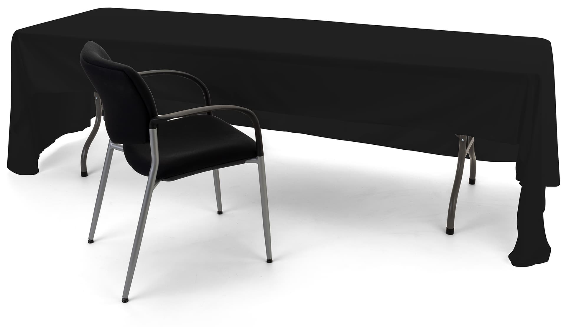 Black 3-sided event table cloth with easy access to storage and seating from behind