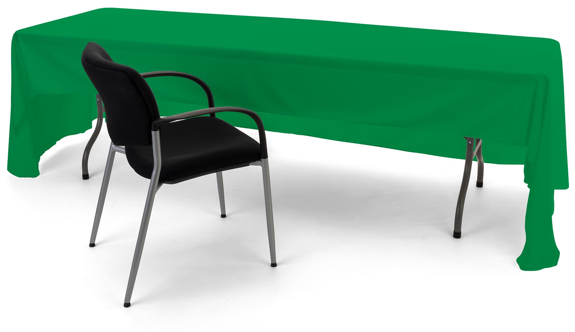 Kelly green 3-sided event table cloth with easy access to storage and seating from behind
