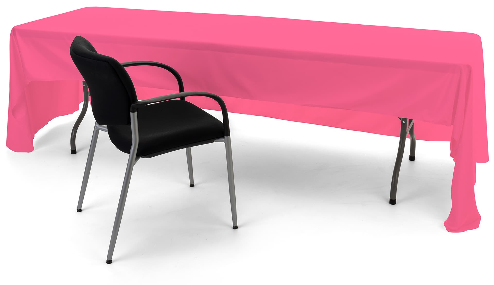 Pink 3-sided event table cloth with easy access to storage and seating from behind