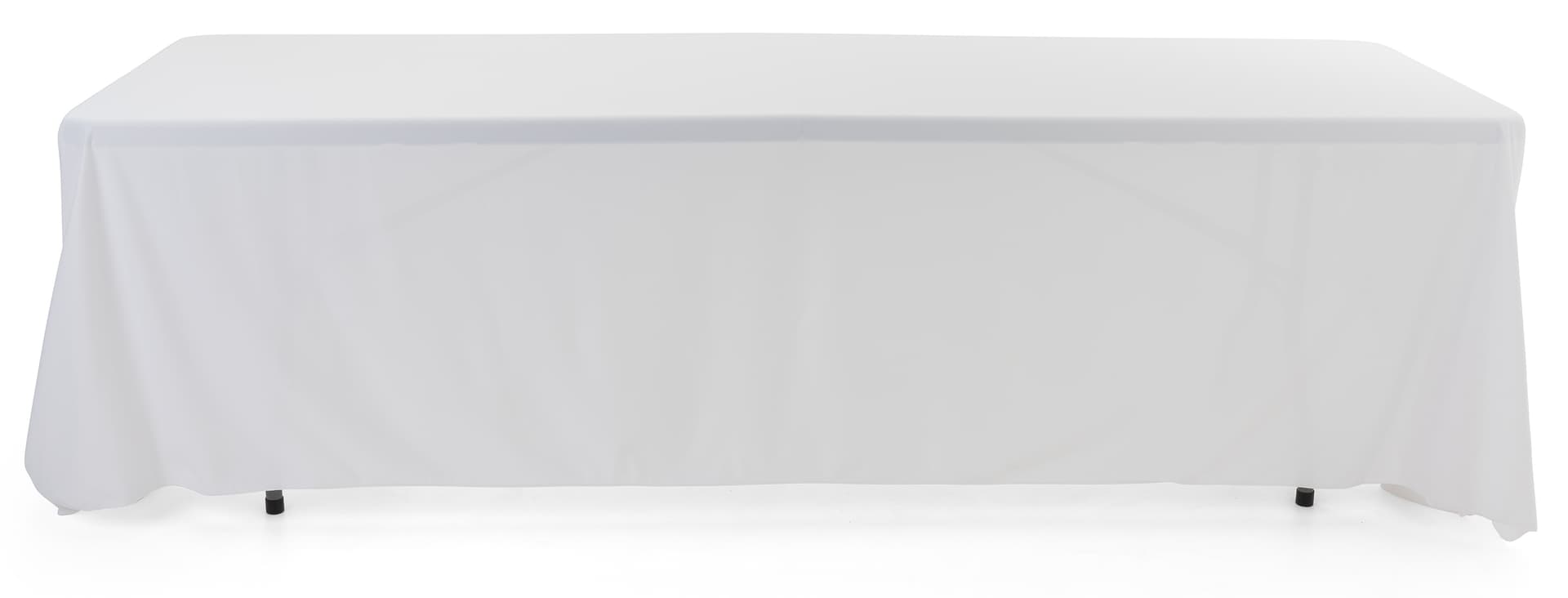 White 3-sided event table cloth with clean drape and rounded corner design