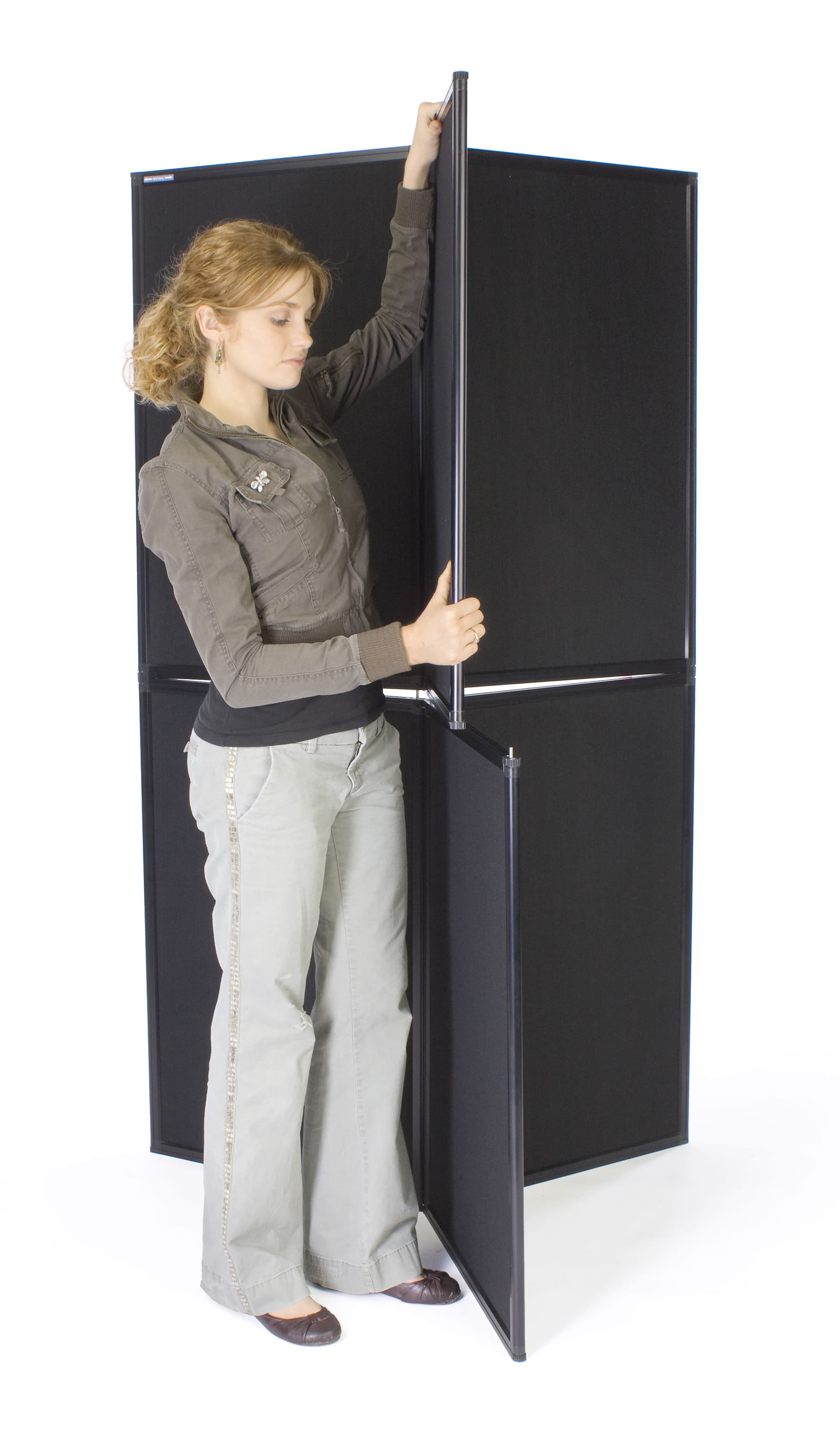 Portable display wall panels lock in place on top of each other