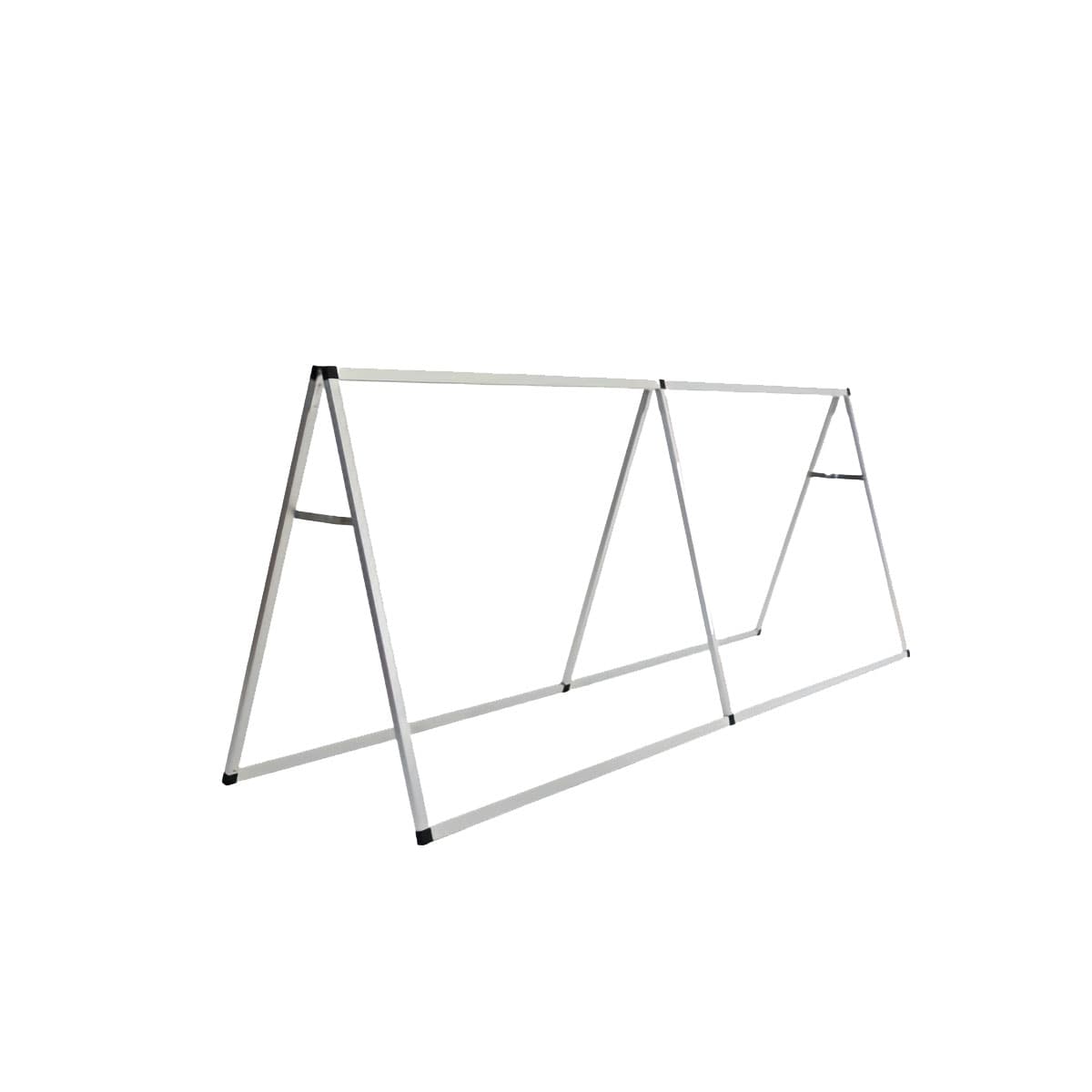 Horizontal a-frame banner display with ground stakes for outdoor use