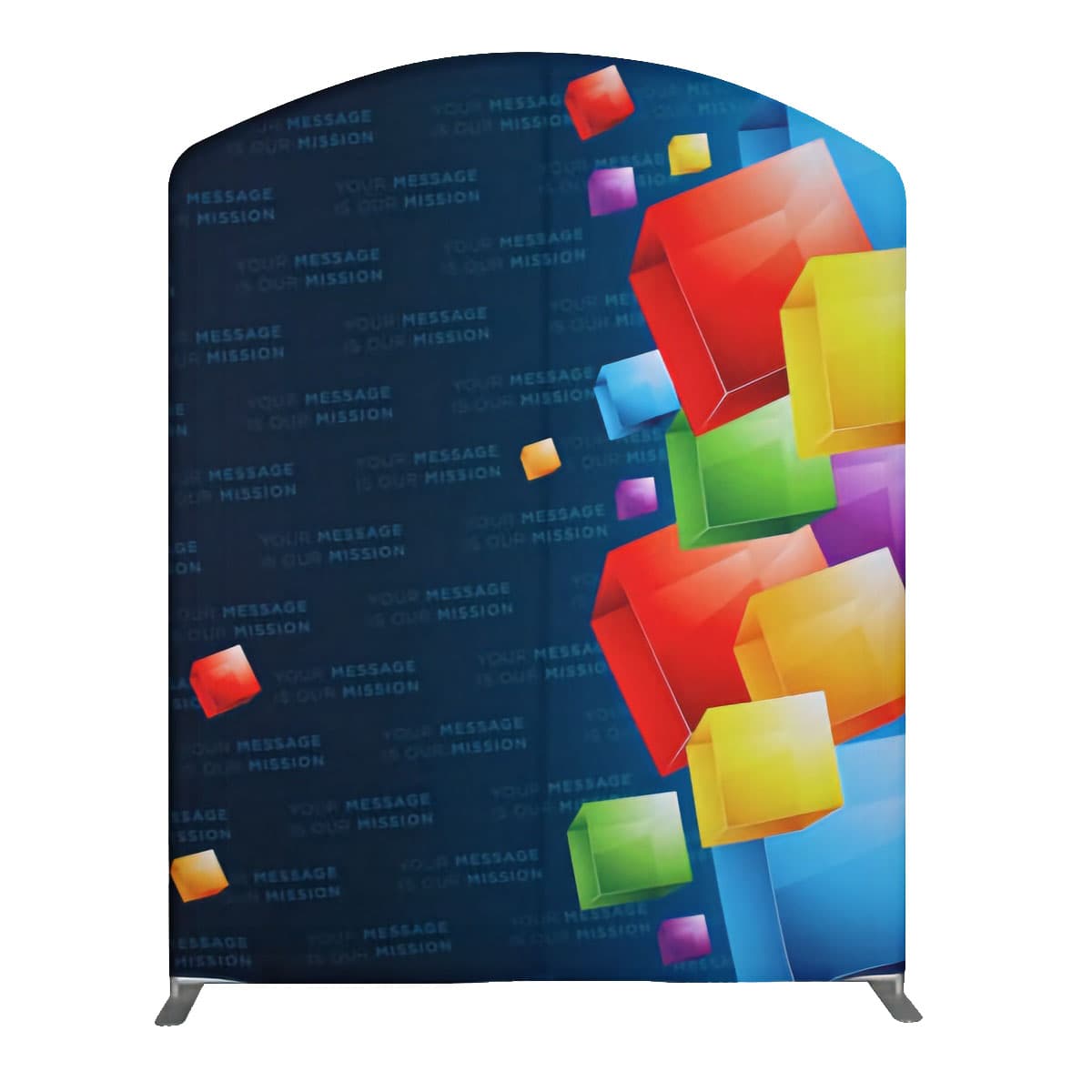 Curved top modular tension fabric banner with feet for stability 