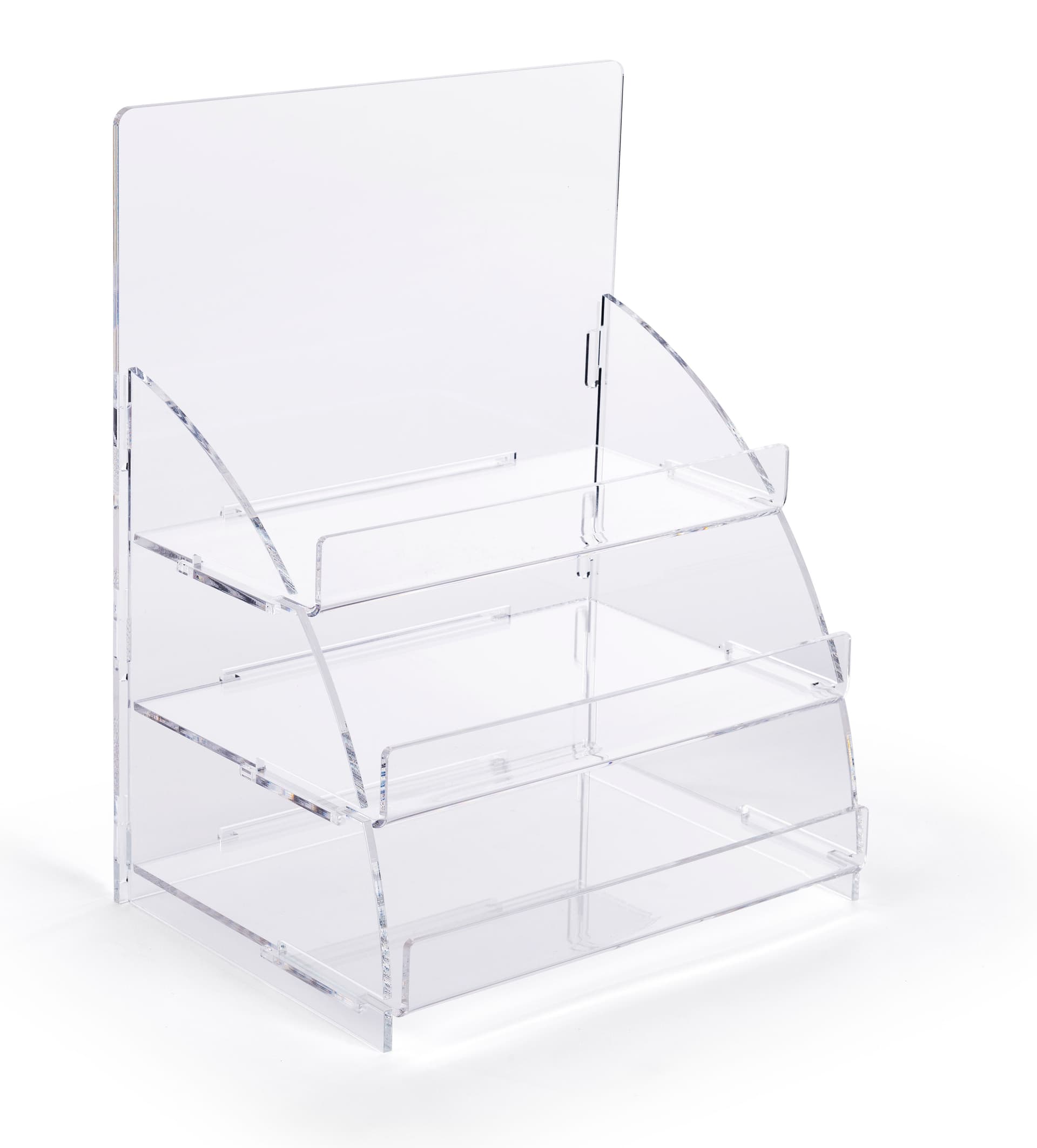 Three tiered acrylic retail countertop rack with easy assembly